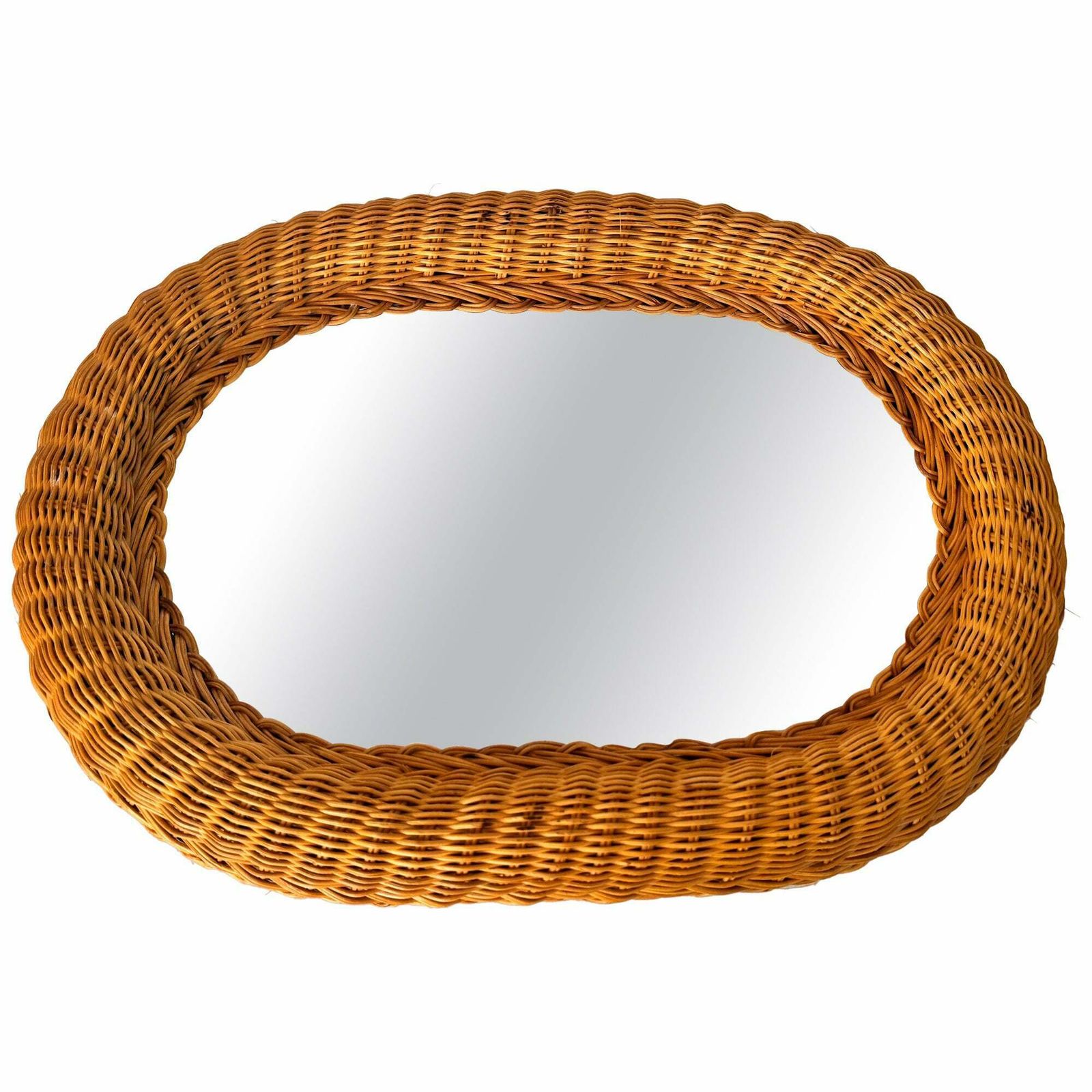 Midcentury French Riviera Rattan And Bamboo Oval Wall Mirror, Italy 1960s