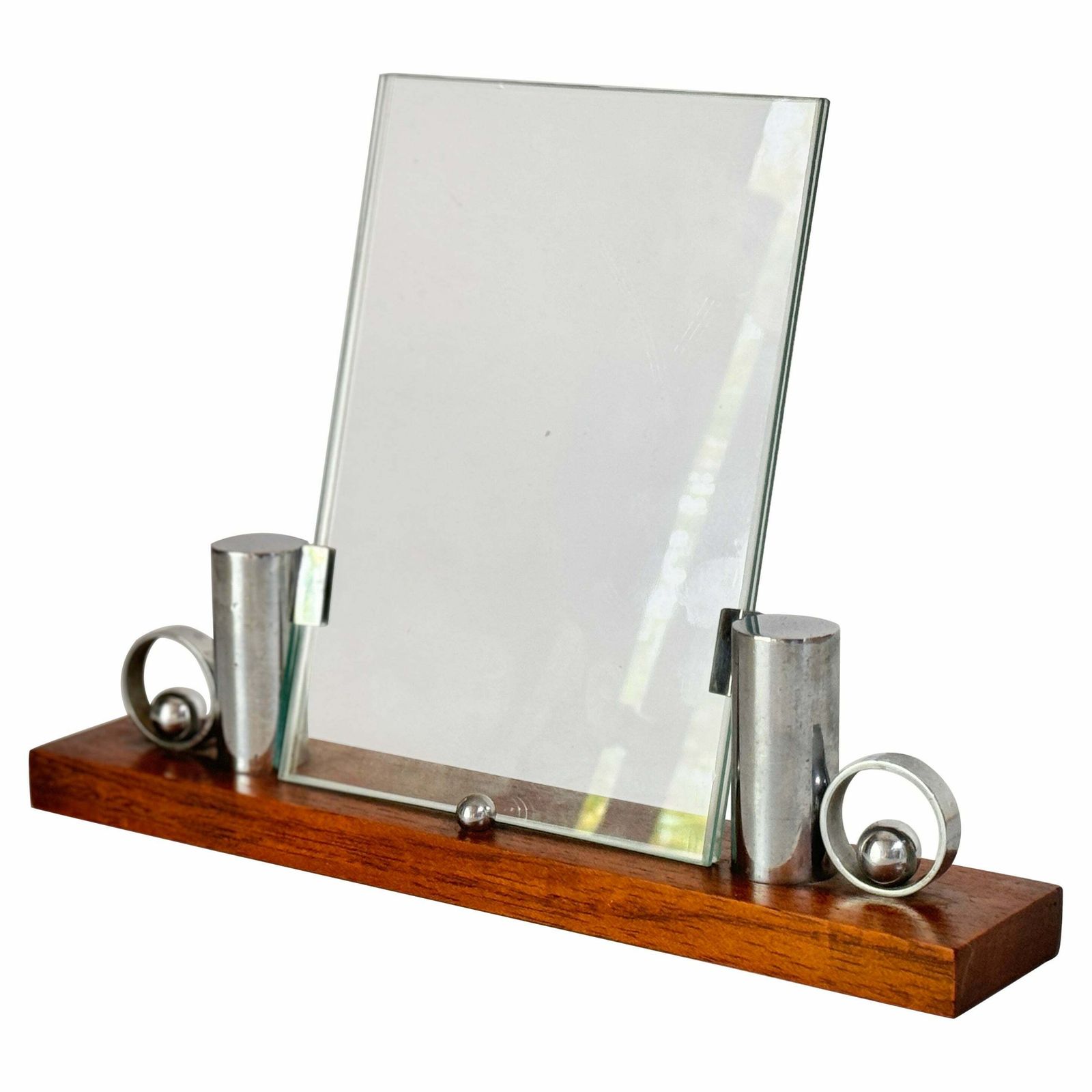 Art Deco Picture Frame Brown Wood And Chrome Structure Mirror, France Circa 1935
