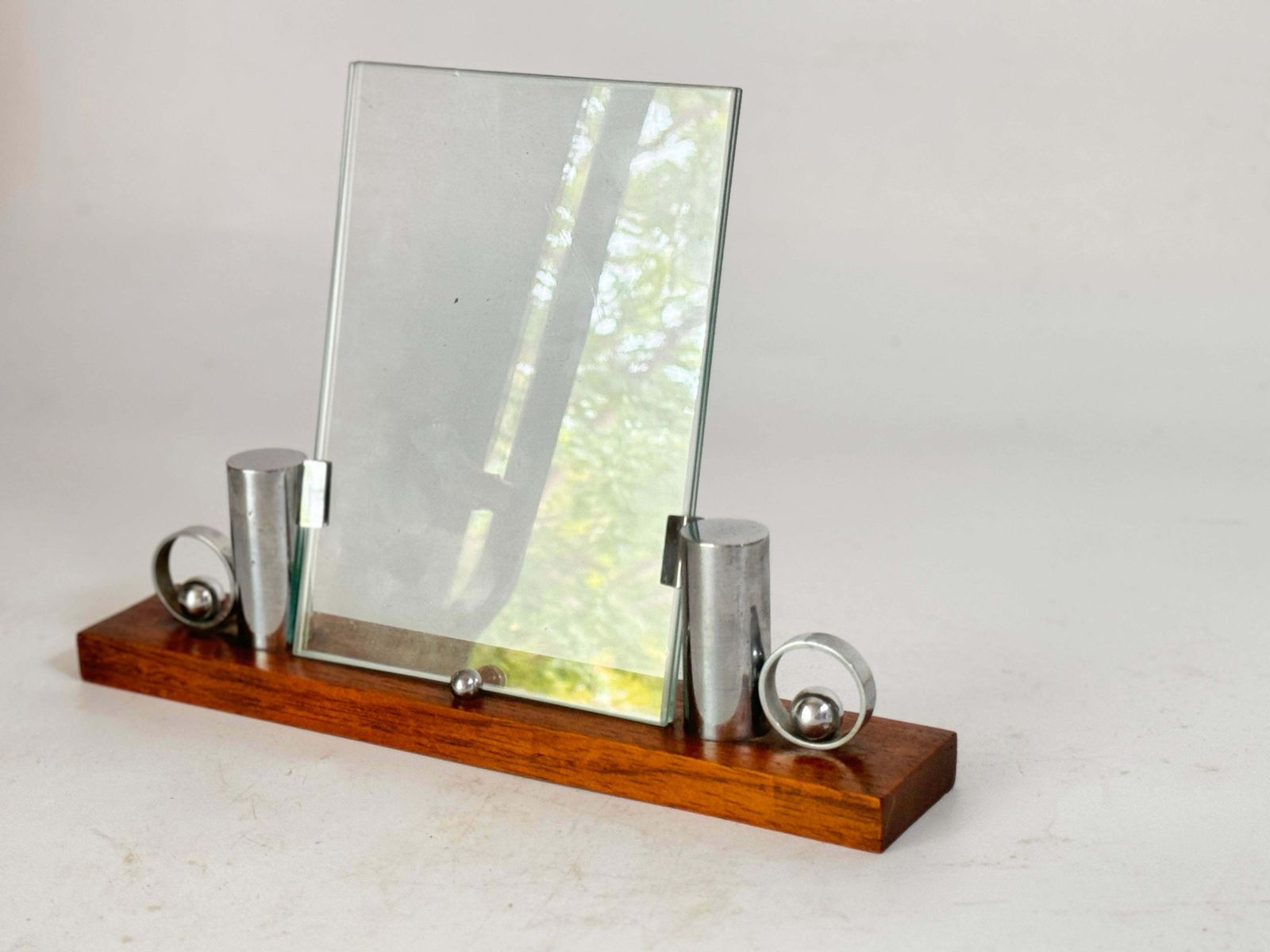 Art Deco Picture Frame Brown Wood And Chrome Structure Mirror, France Circa 1935 photo buy