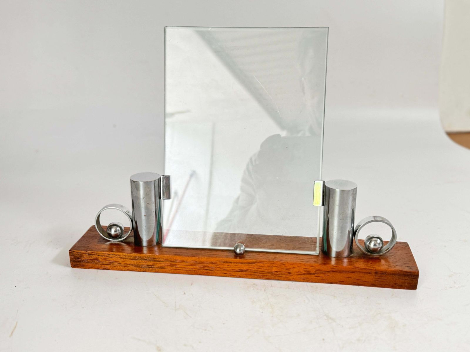 Art Deco Picture Frame Brown Wood And Chrome Structure Mirror, France Circa 1935 photo vintage