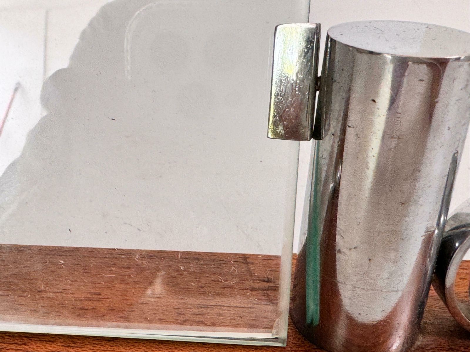 photo for sale Art Deco Picture Frame Brown Wood And Chrome Structure Mirror, France Circa 1935