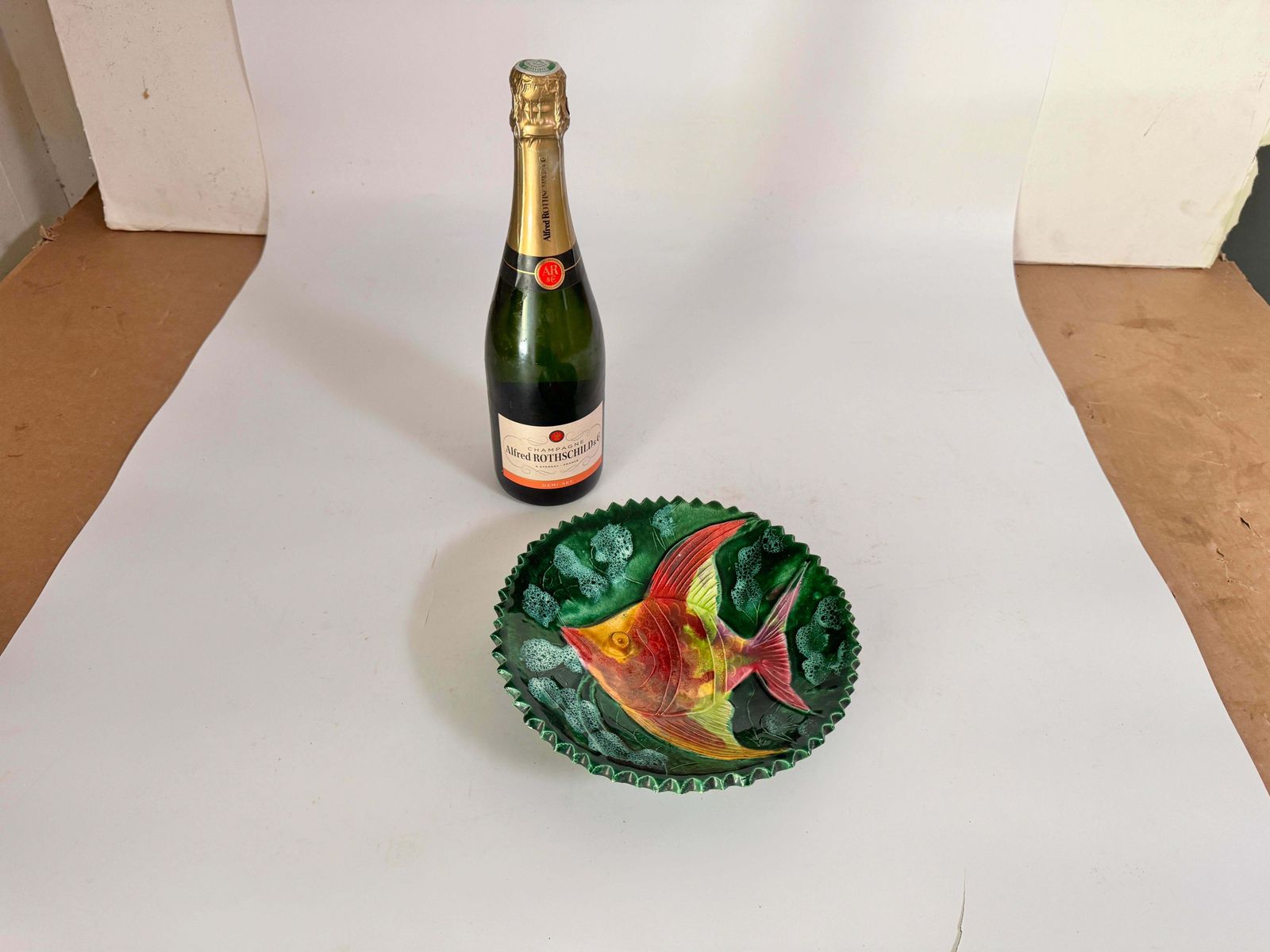 Mid Century Modern Porcelain Plate With  Green Color Fish Decor France 1970 photo furniture