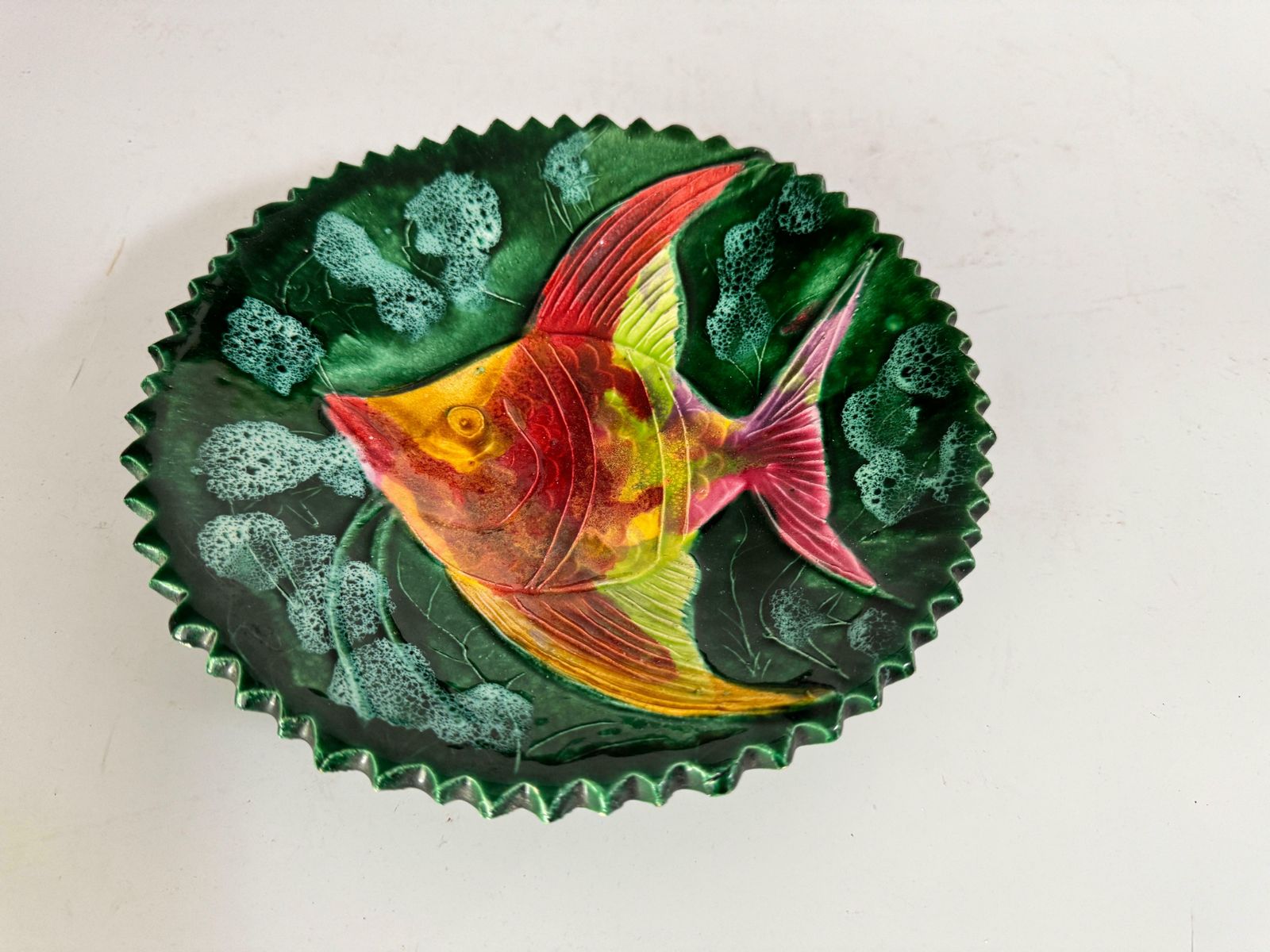 Mid Century Modern Porcelain Plate With  Green Color Fish Decor France 1970 photo vintage