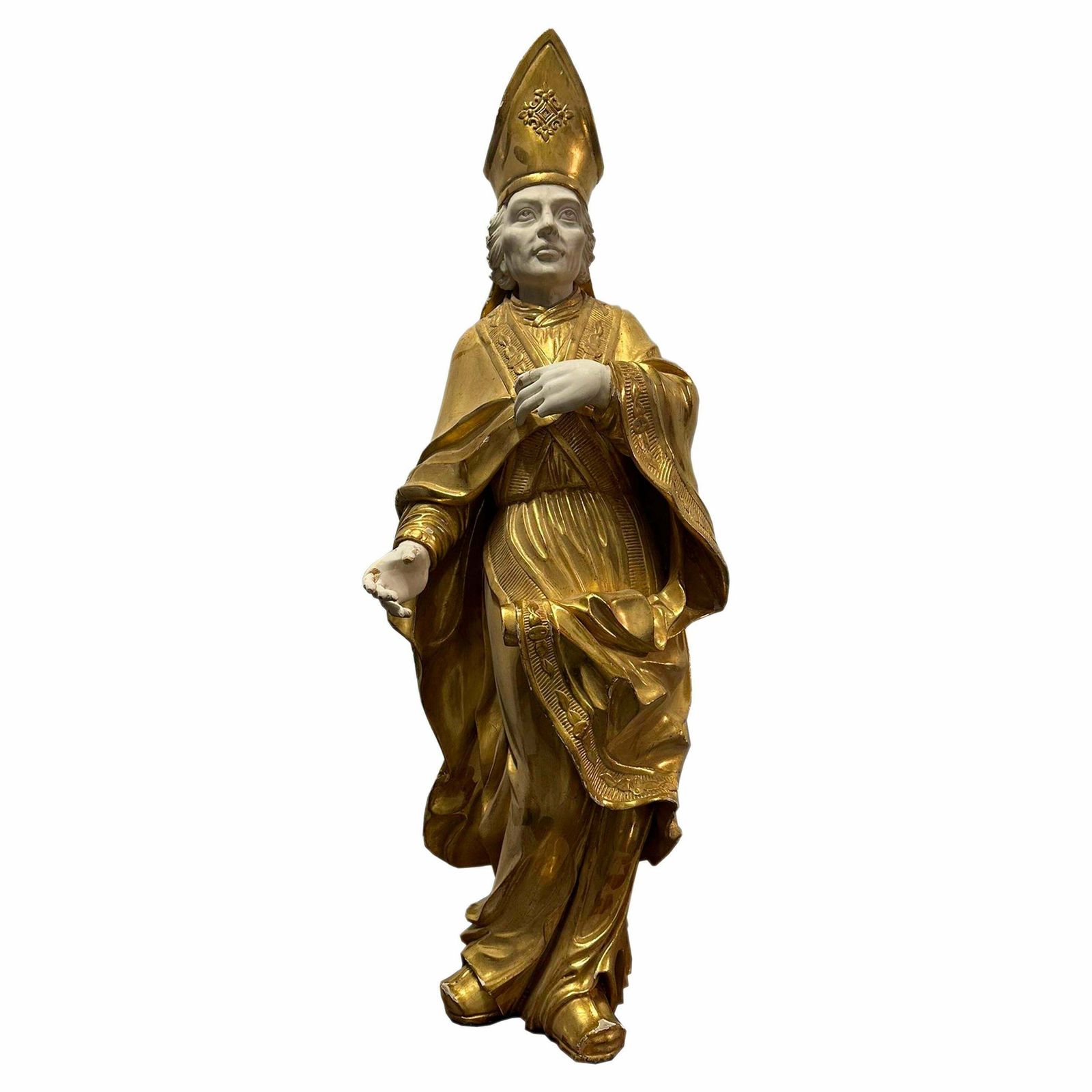 Saint Nicholas Of Bari Handcarved Sculpture With Gold Leaf, France, 19th Century