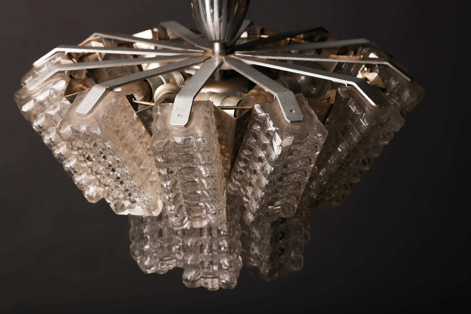photo furniture Vintage Glass Chandelier By Austrolux / Austria 1960s / Mid Century Pendant Light With Chrome Base And Glass Cubes / Home Lighting