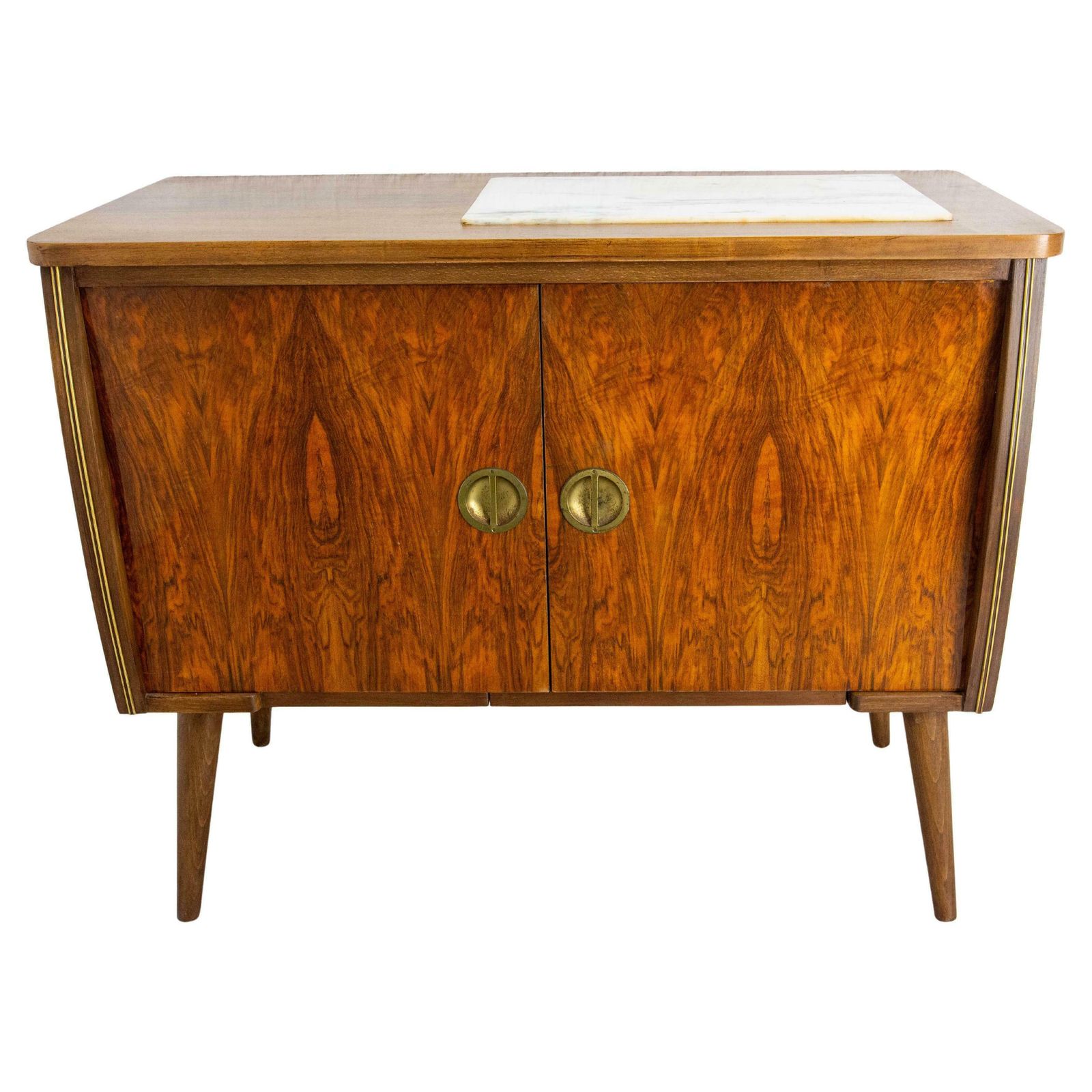 Bar Cocktail Cabinet, Walnut & Marble France, 20th Mid Century