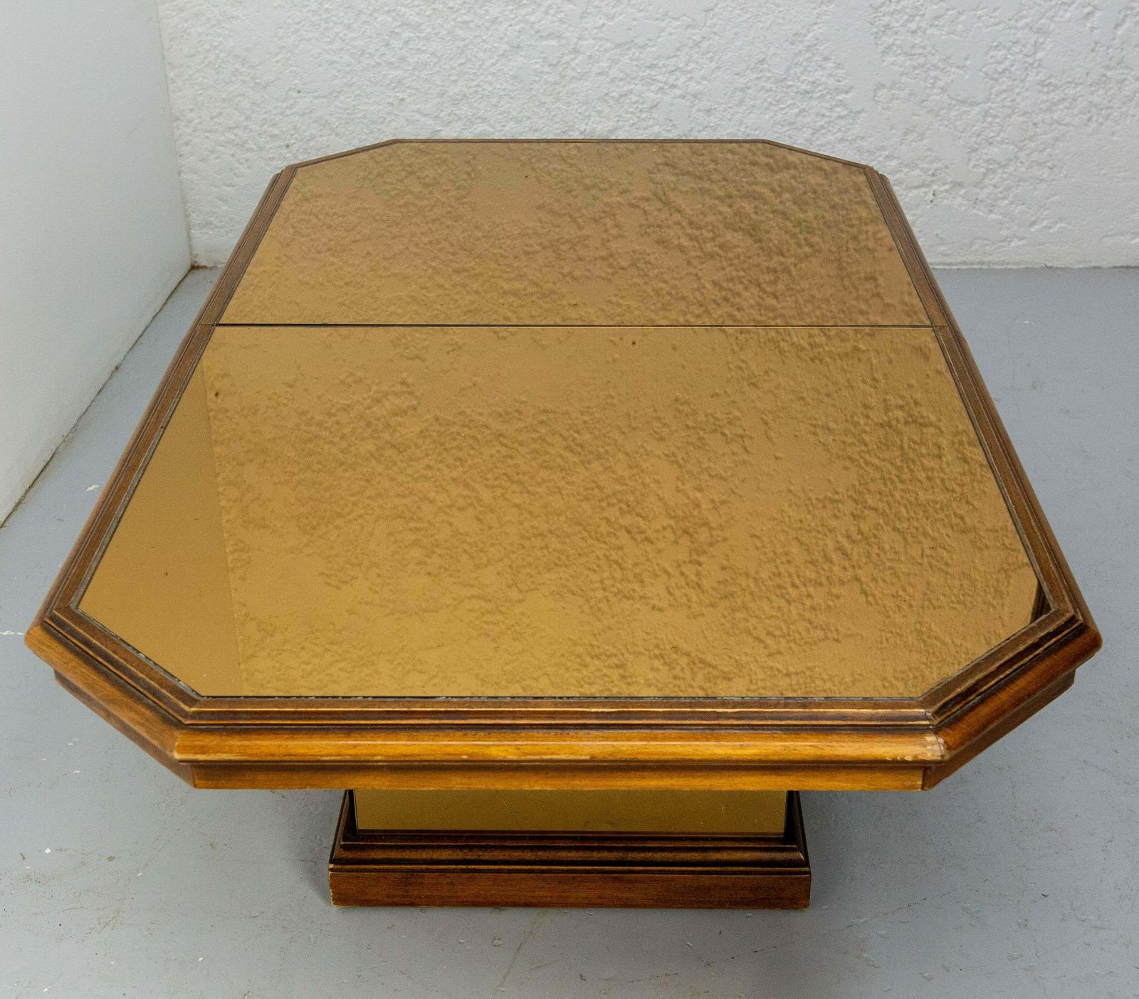 French Wood And Smoked Mirror Coffee Table, Circa 1980 photo for sale