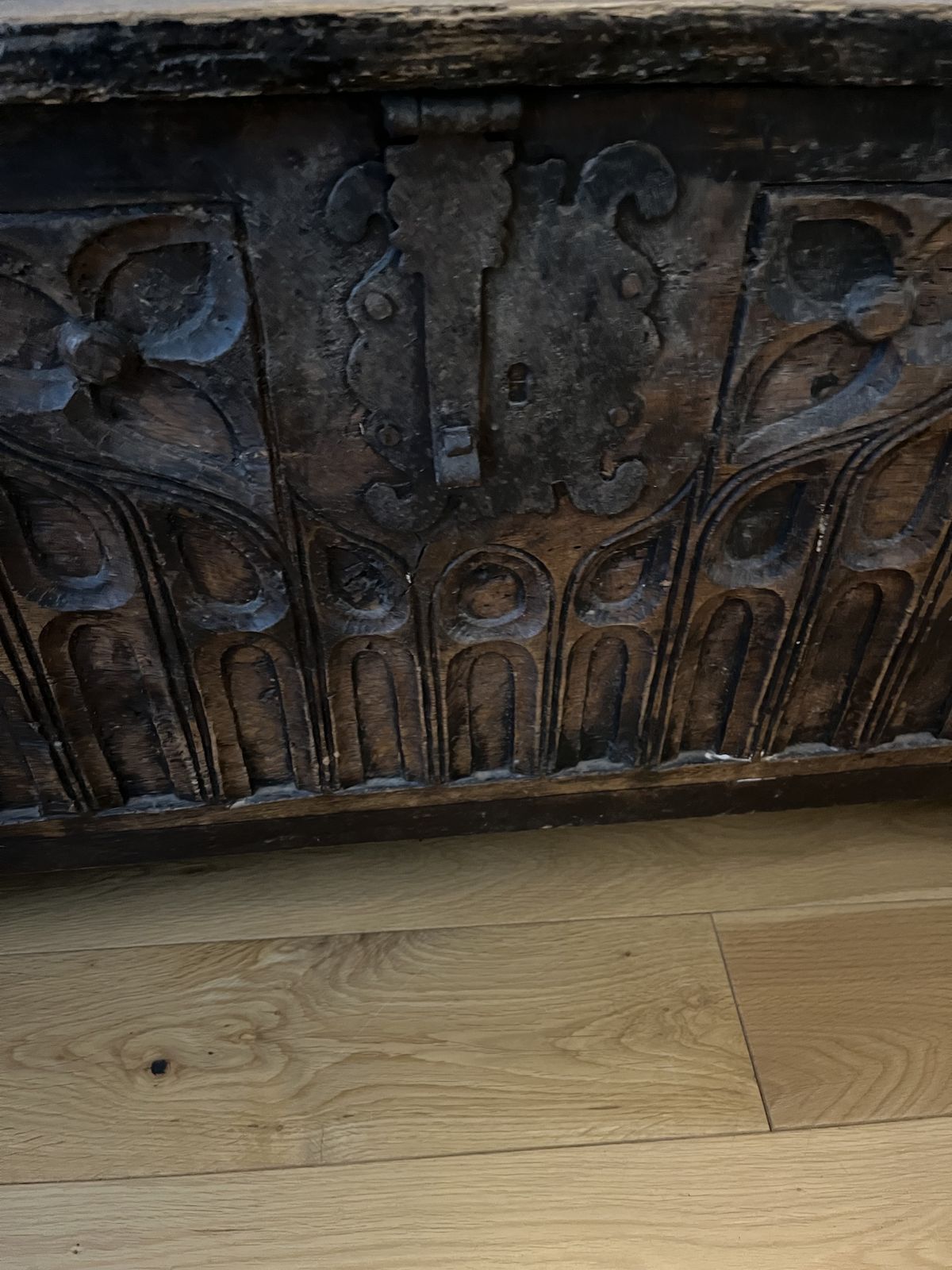 Late 18th Early 19th Century Oak Carved French Coffer. Beautifully Hand Carved Front And Of Solid Construction photo 250.0