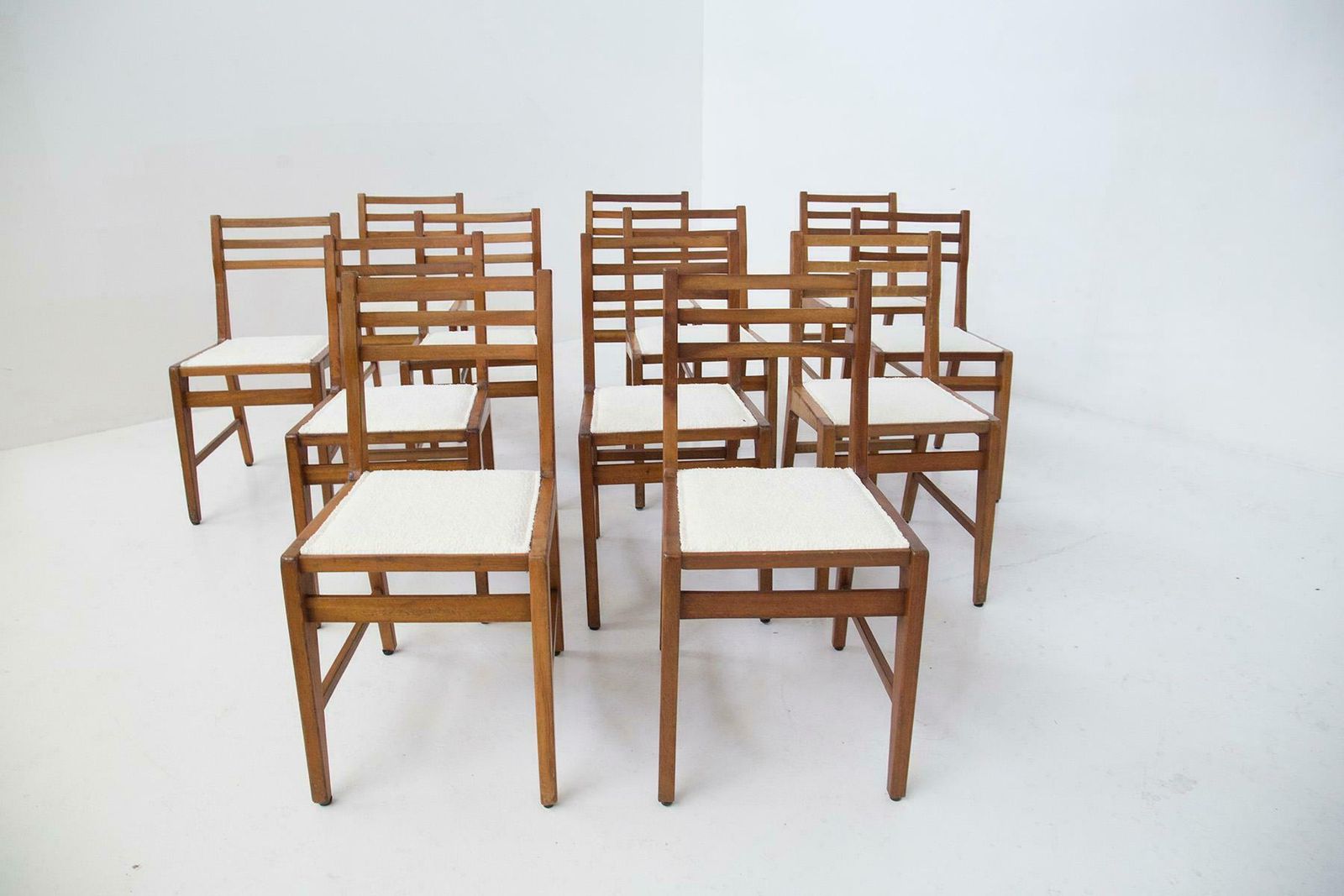 Bbpr Attr. To Set Of 12 Wooden Mid Century Chairs In Bouclé photo for sale