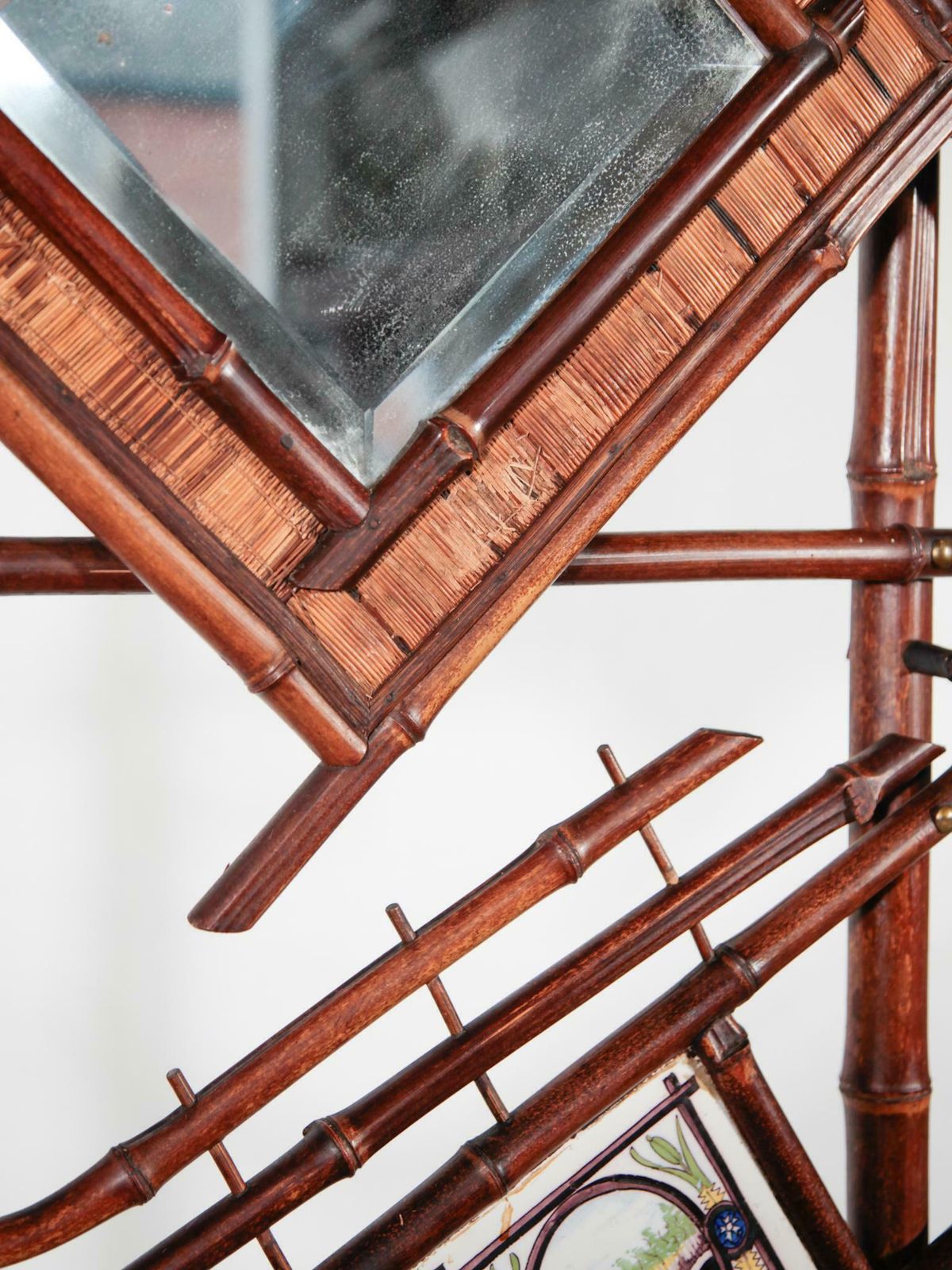 photo for sale Art Nouveau Bamboo Stand Hall Mirror Coat Rack & Majolica French Folk Art Tiles