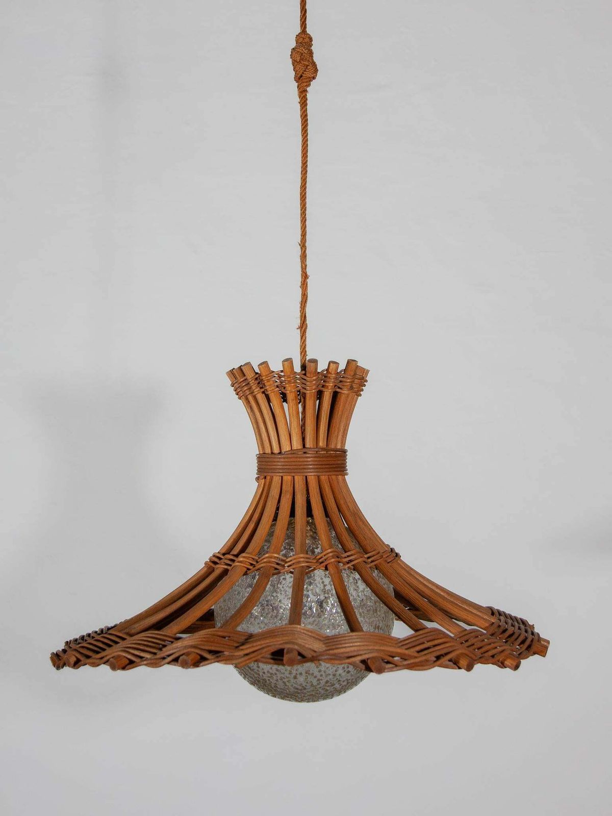 Louis Sognot Bamboo Rattan Pendant Lantern With Glass Globe, France, 1950s photo Lighting