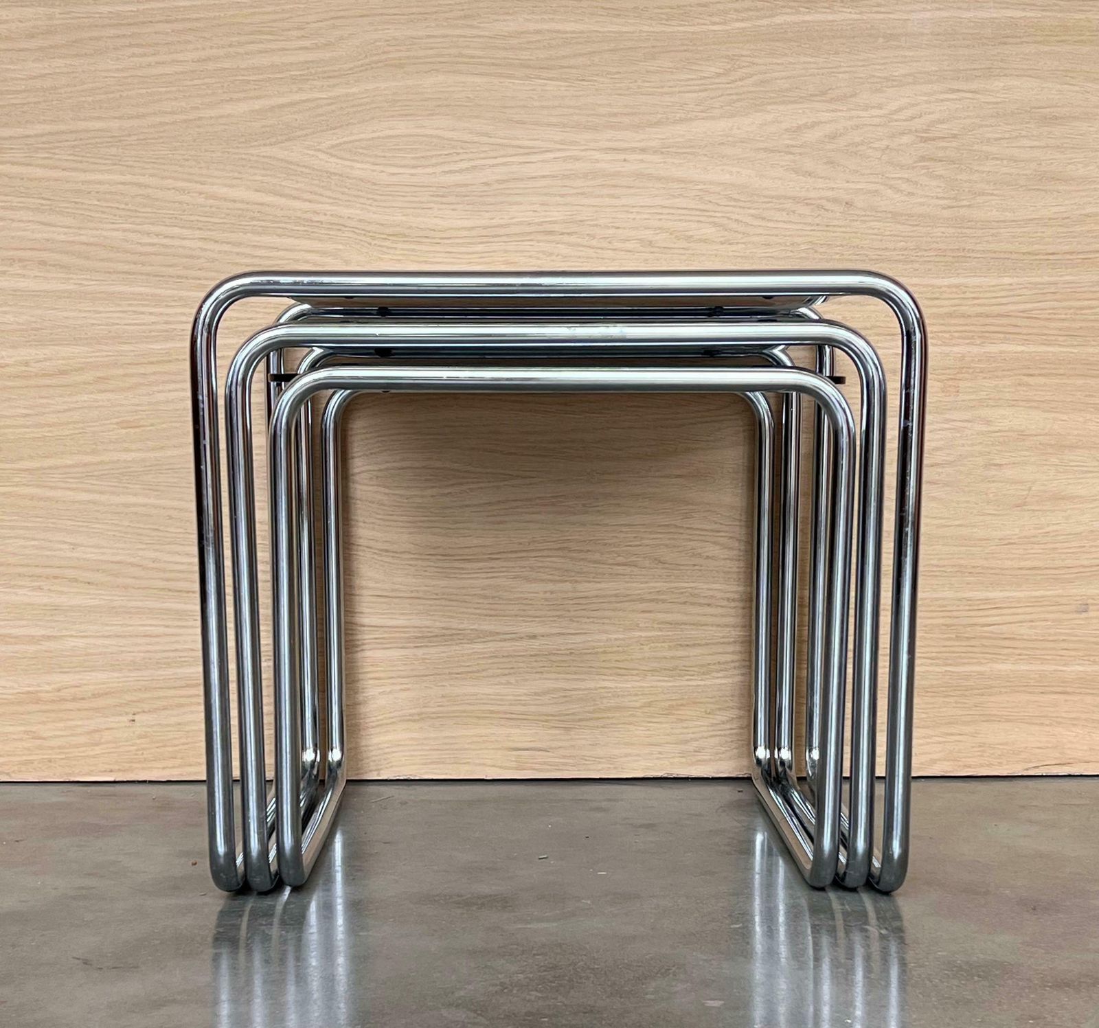 Cantilevered Chrome & Glass Nesting Tables With Fume Glasses photo for sale