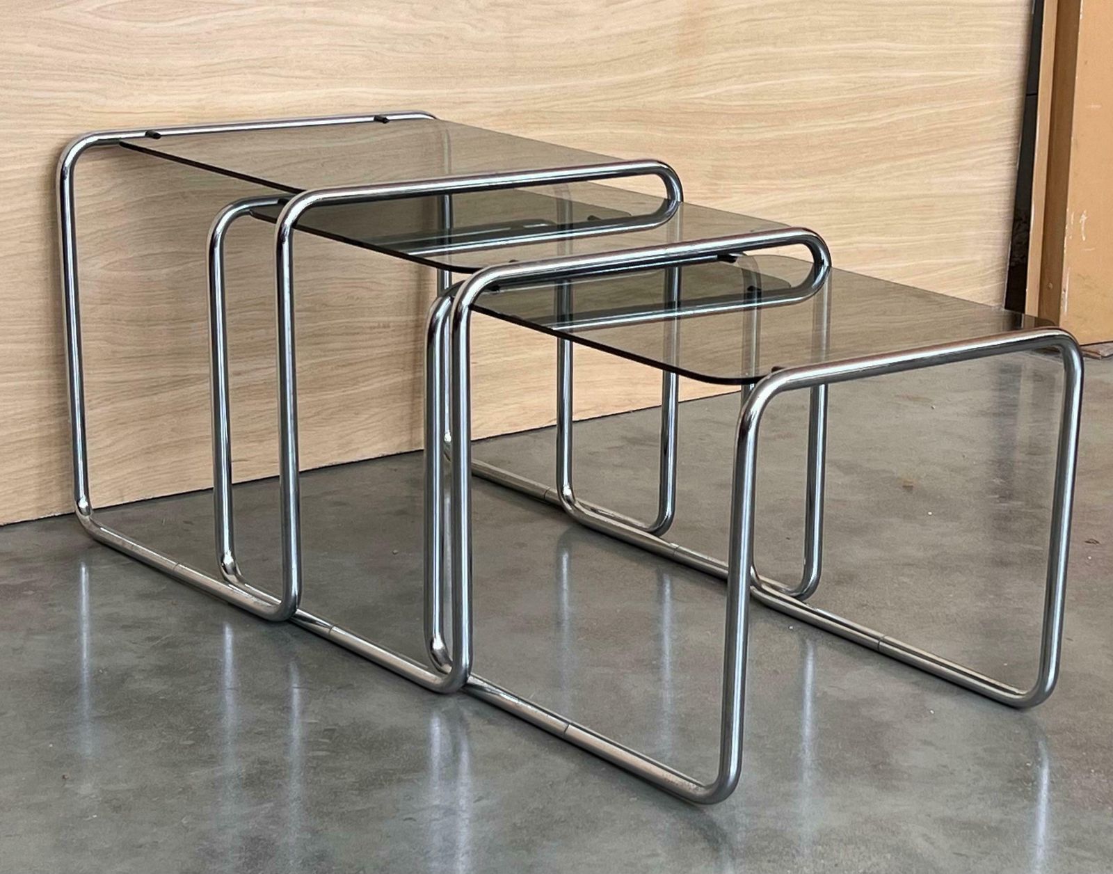 Cantilevered Chrome & Glass Nesting Tables With Fume Glasses photo buy