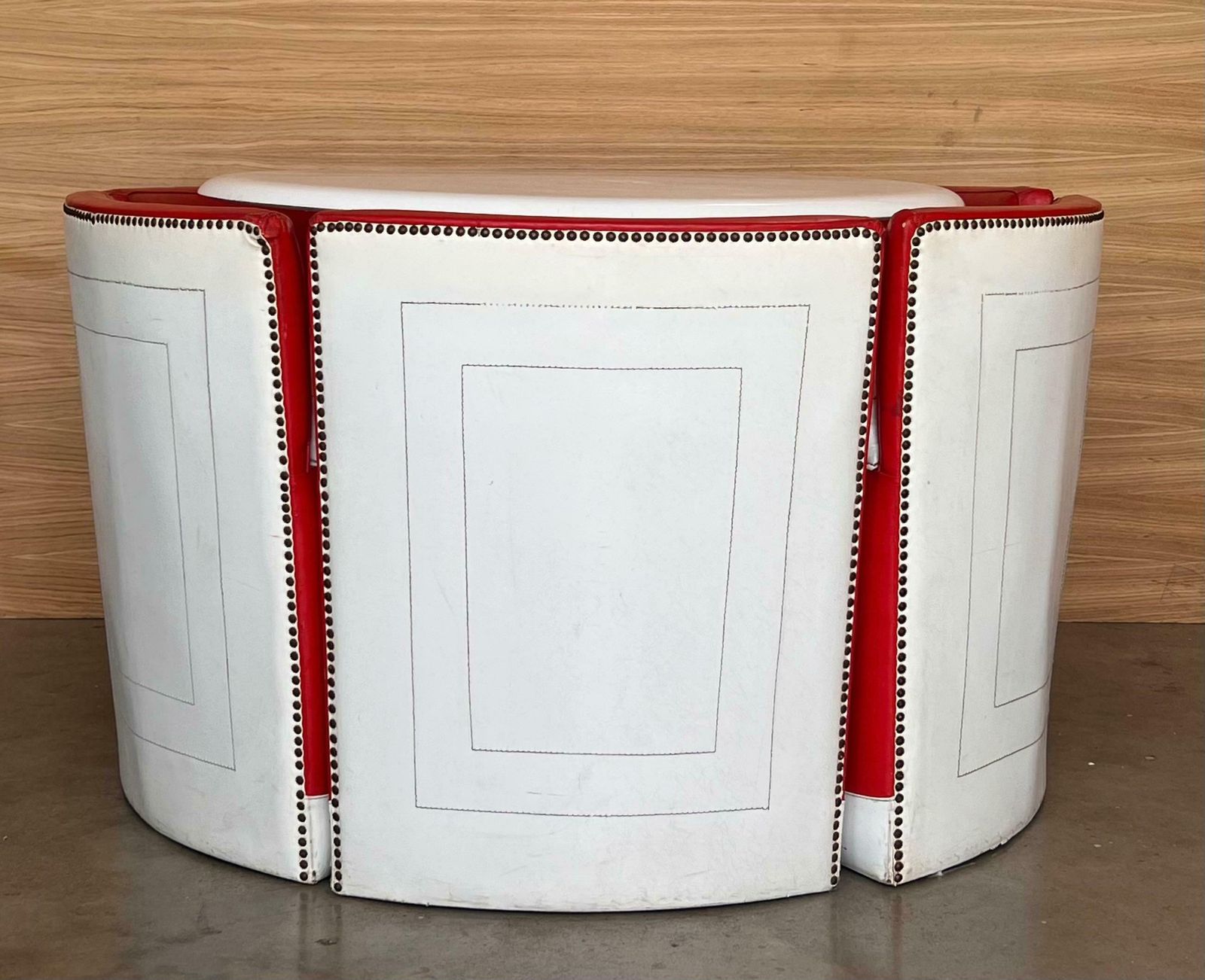 Set Of Vintage Round Table With Six Chairs In Red And White Leather photo Furniture