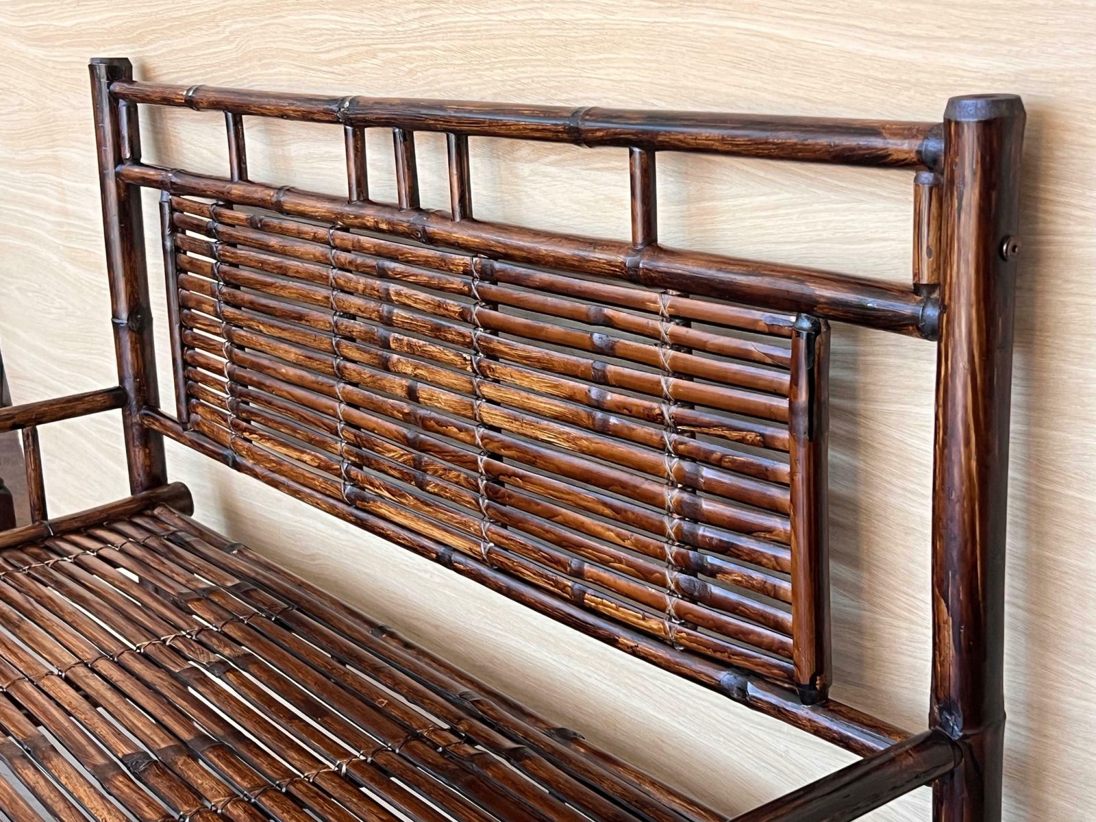 photo furniture High Backrest Bamboo Bench With Leather Ligatures In Style Of Edizioni Molto