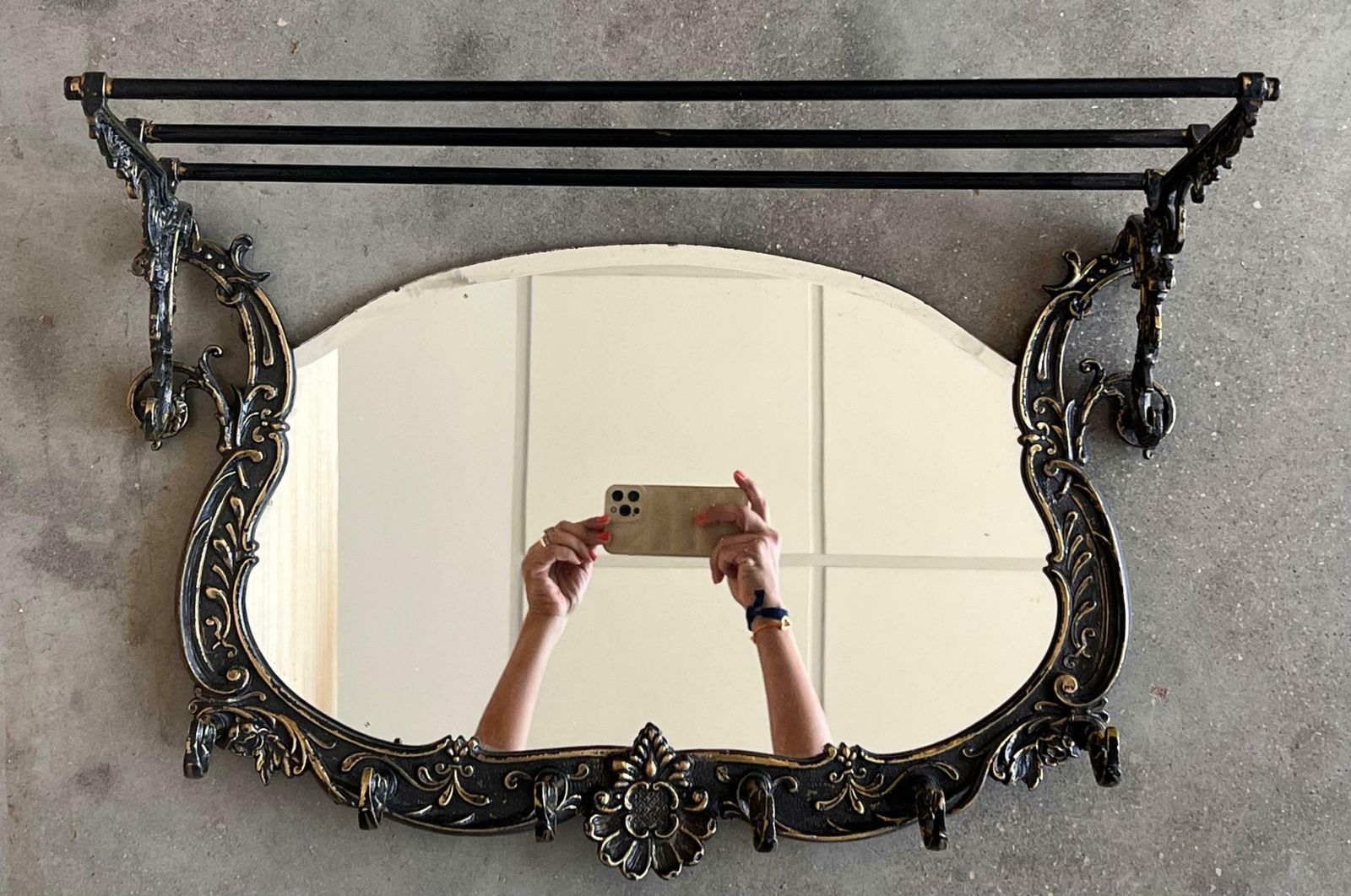 19th Century French Bronze Wall Mounted Coat Rack With Mirror photo vintage