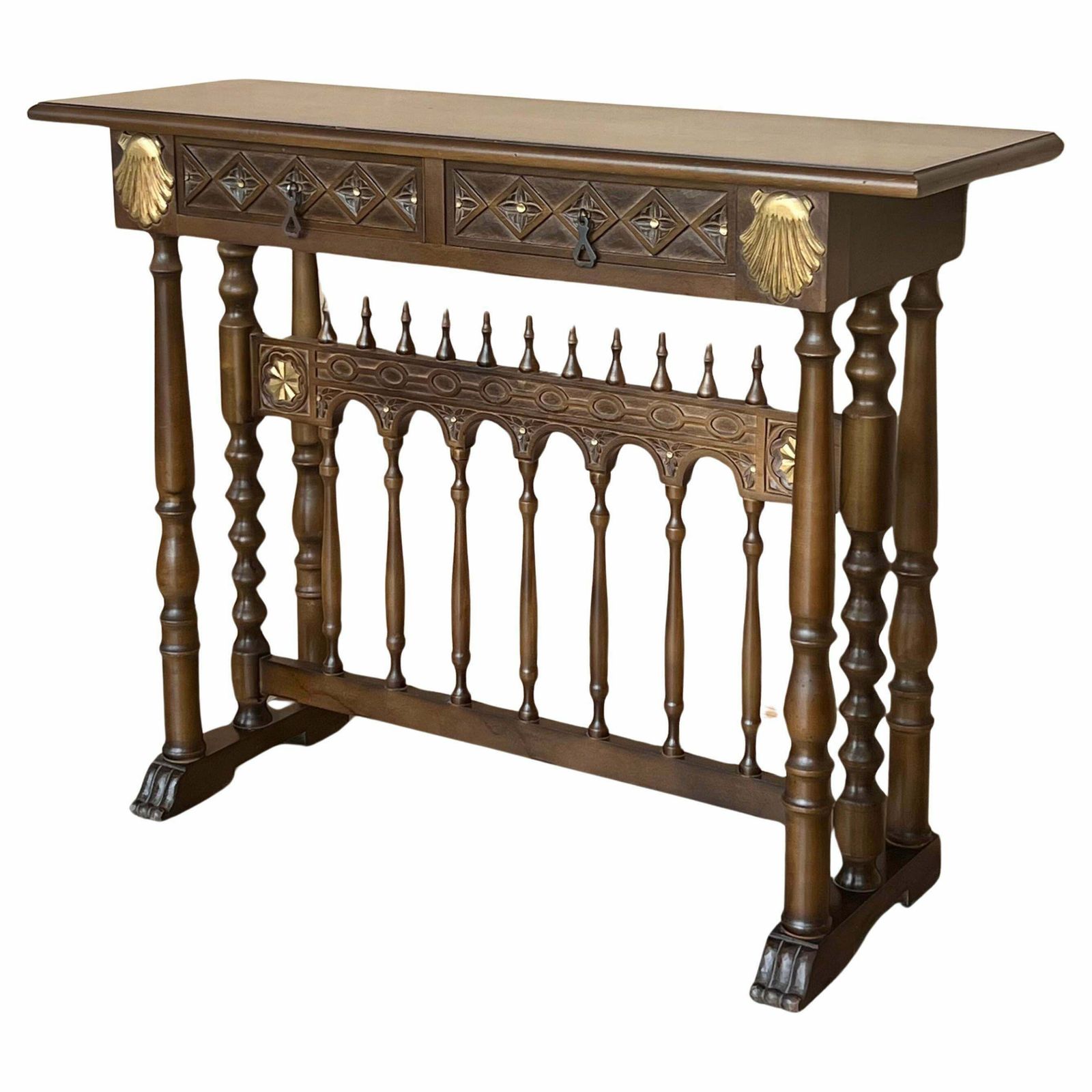Console mid-century Castilian en noyer, deux tiroirs en feuille d'or