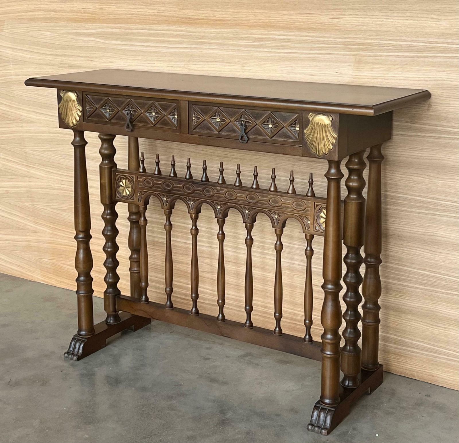 Castilian Mid Century Console In Walnut With Two Front Drawers In Gold Leaf photo for sale
