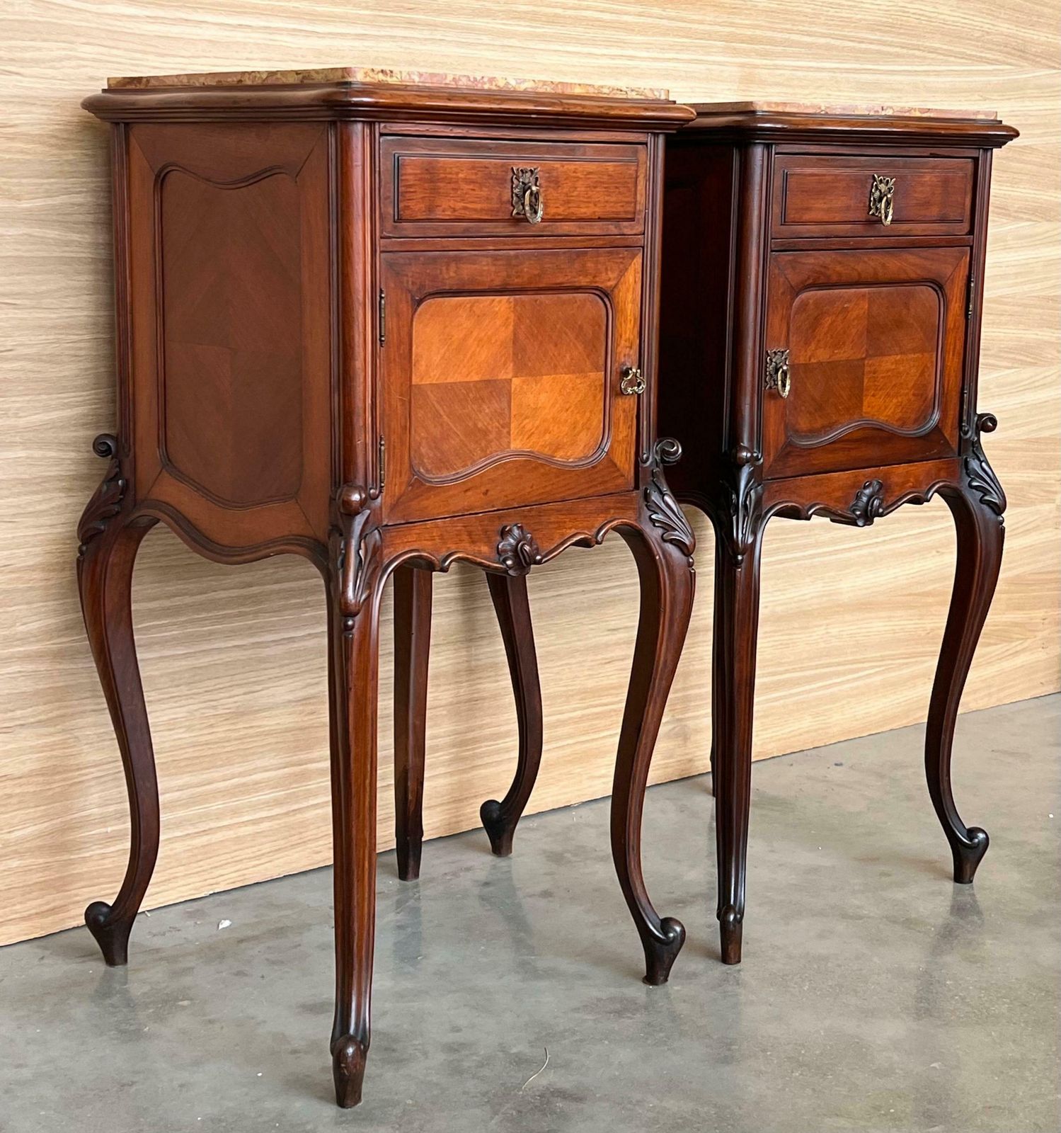 Louis XV Style Walnut Nightstands With Marble Top, 1930s, Set Of 2 photo vintage