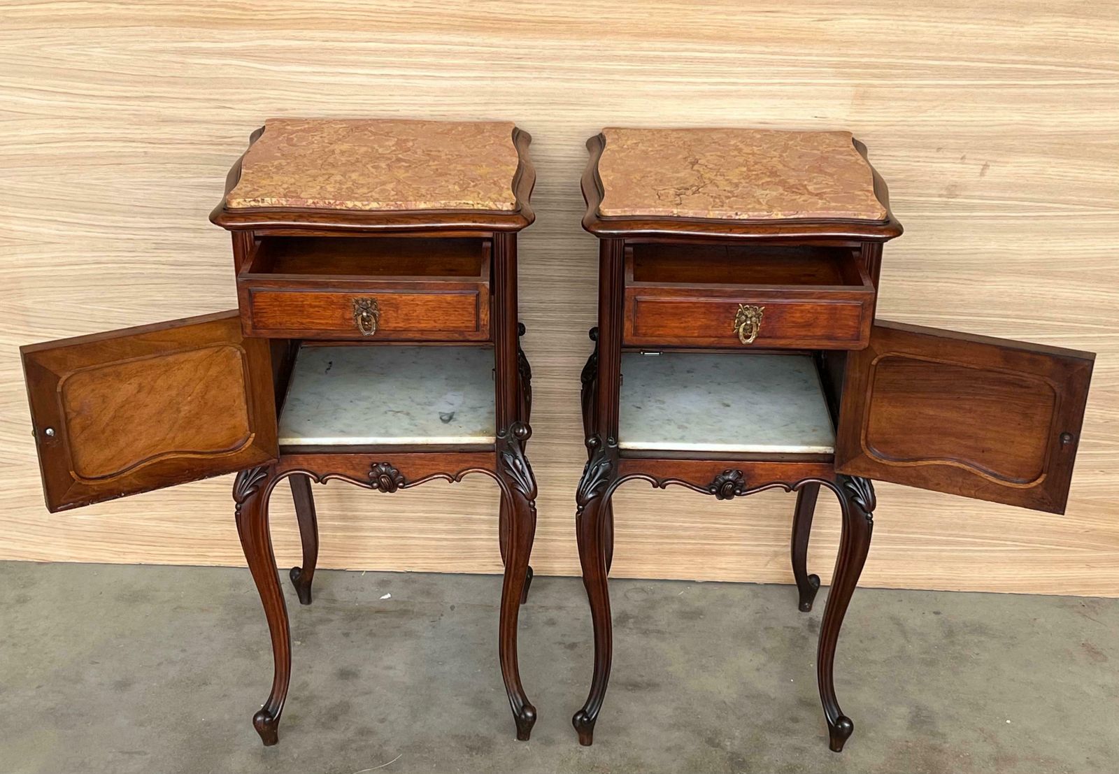 Furniture Louis XV Style Walnut Nightstands With Marble Top, 1930s, Set Of 2 photo