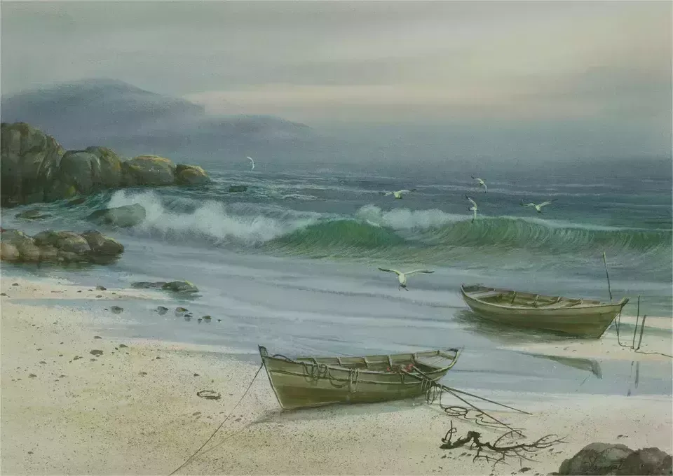 Contemporary Watercolour   Seagulls And Fishing Boats photo furniture