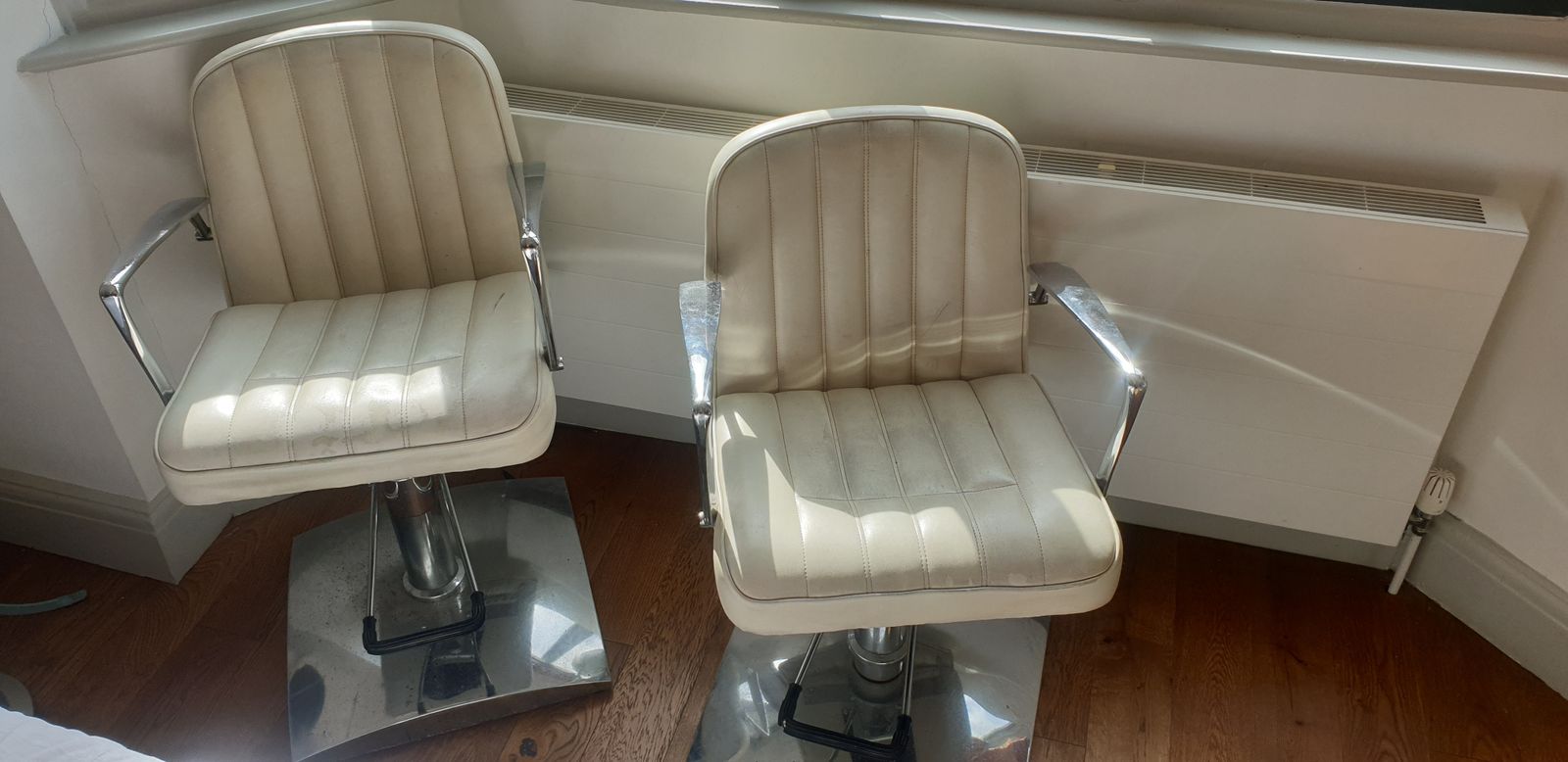 Pair Vintage White Hairdressers Bar Chairs