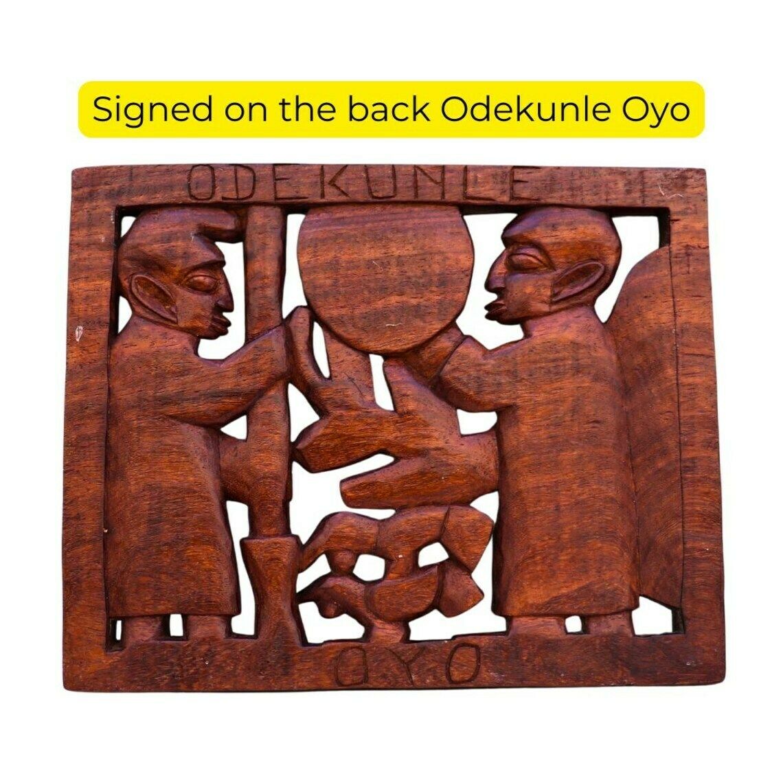 Mid Century African Yoruba Tribe Hand Carved Wood African Panel Signed Odekunle Oyo, Nigerian Yoruba Tribal Wall Art photo vinterior