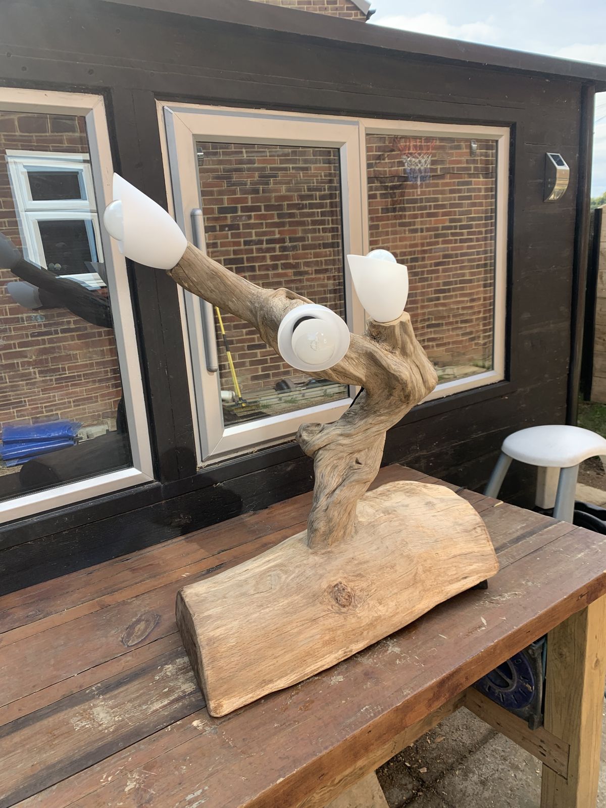 Handmade Ornate Triple Light Teak Stem On A Solid Oak Base £250 O.V.N.O