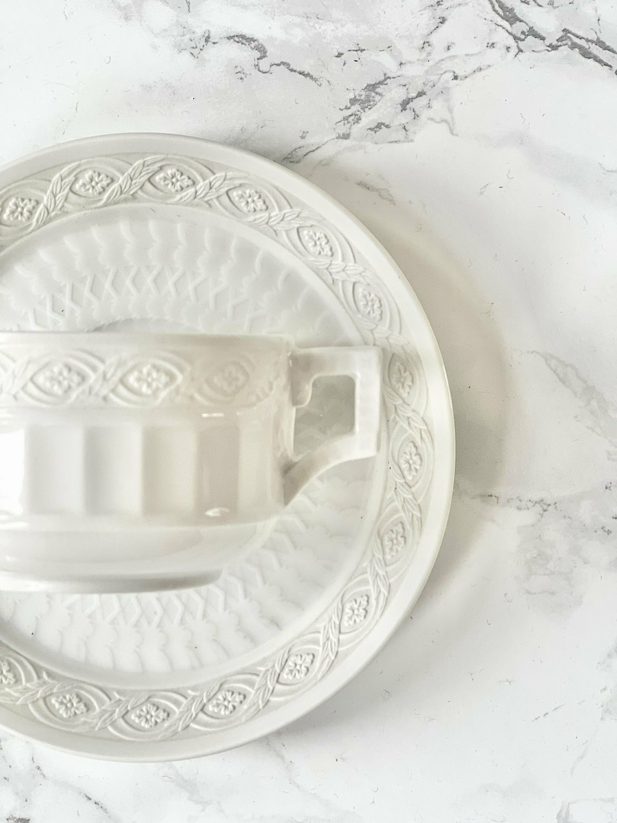 Royal Copenhagen Fan Pattern White Porcelain And Bisque Parian Ware Teacup Classic Scandinavian Homeware Collectible Cabinet Tea Cup 1904 photo for sale
