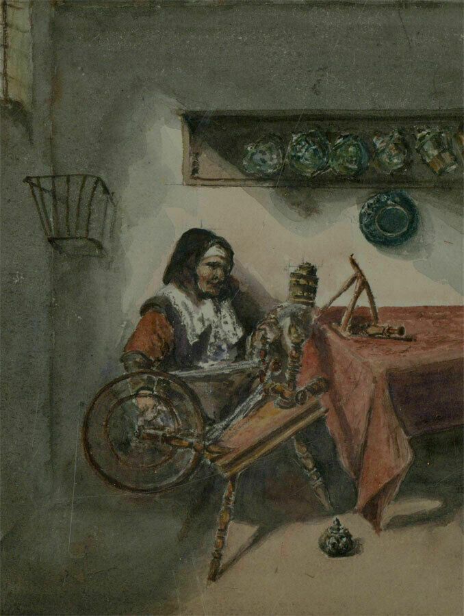 Early 20th Century Watercolour   Old Woman Spinning photo furniture