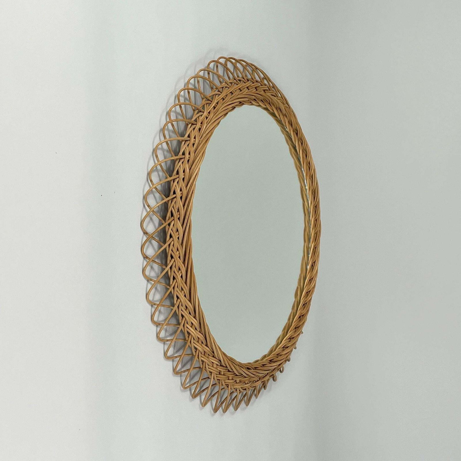 photo furniture Round Rattan Hand Woven Wall Mirror, Sweden 1950s