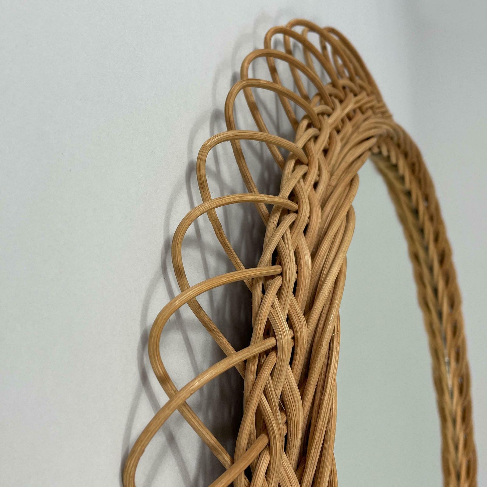 photo for sale Round Rattan Hand Woven Wall Mirror, Sweden 1950s
