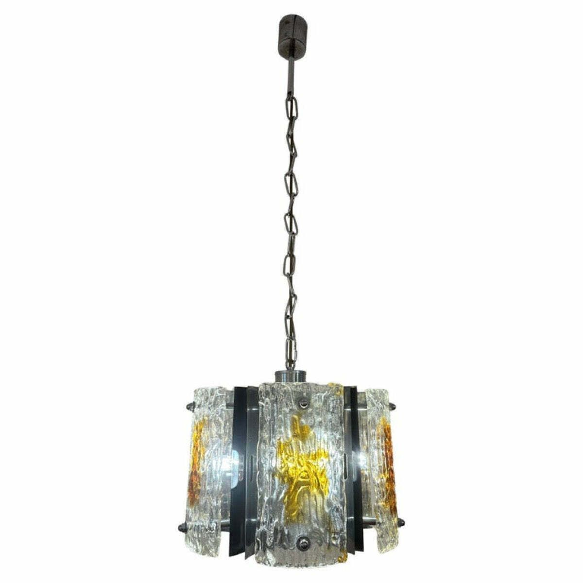 1960s Italian Mazzega Polished Chrome & Murano Textured Clear & Amber Glass Pendant Hanging Light