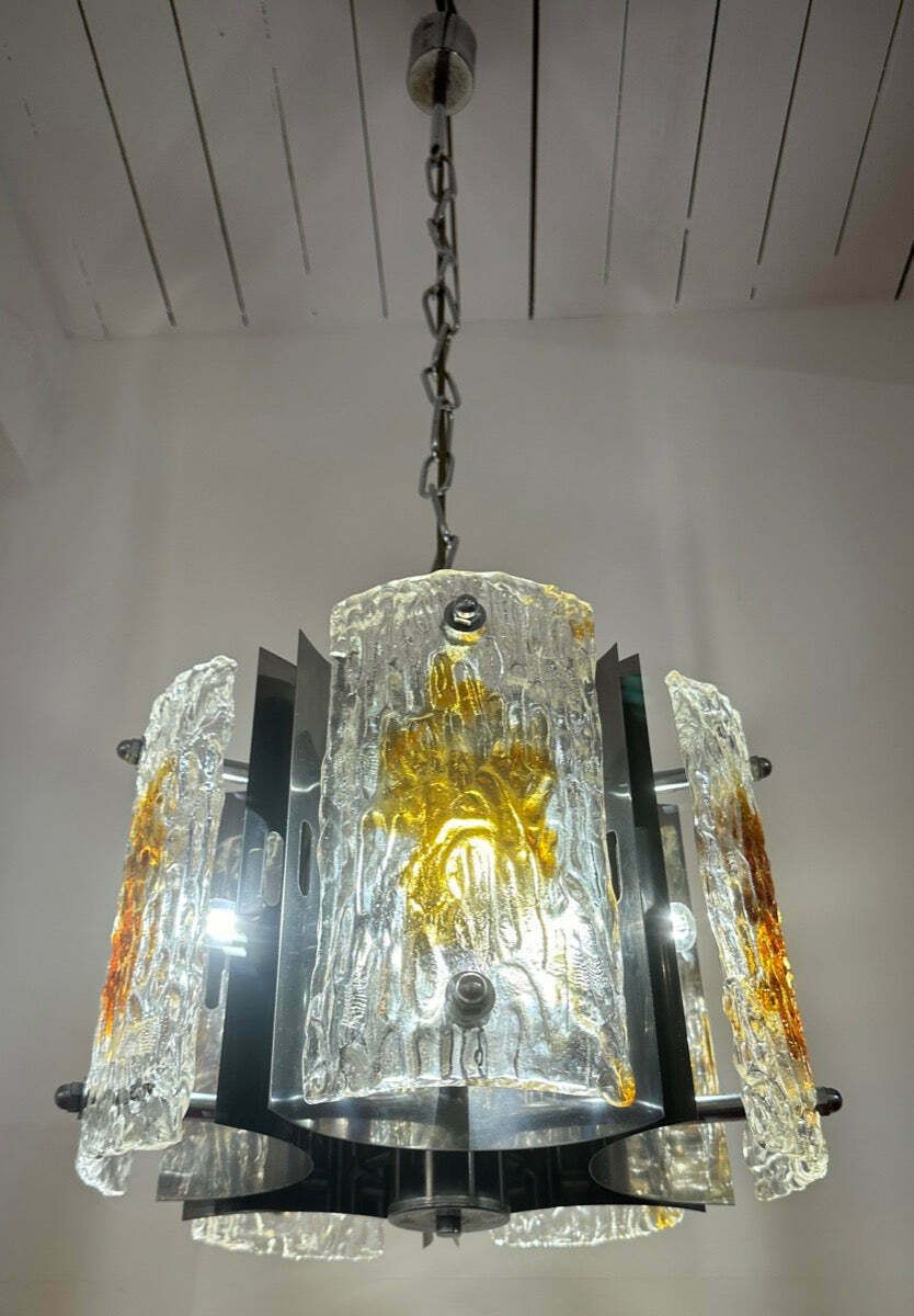 1960s Italian Mazzega Polished Chrome & Murano Textured Clear & Amber Glass Pendant Hanging Light photo for sale