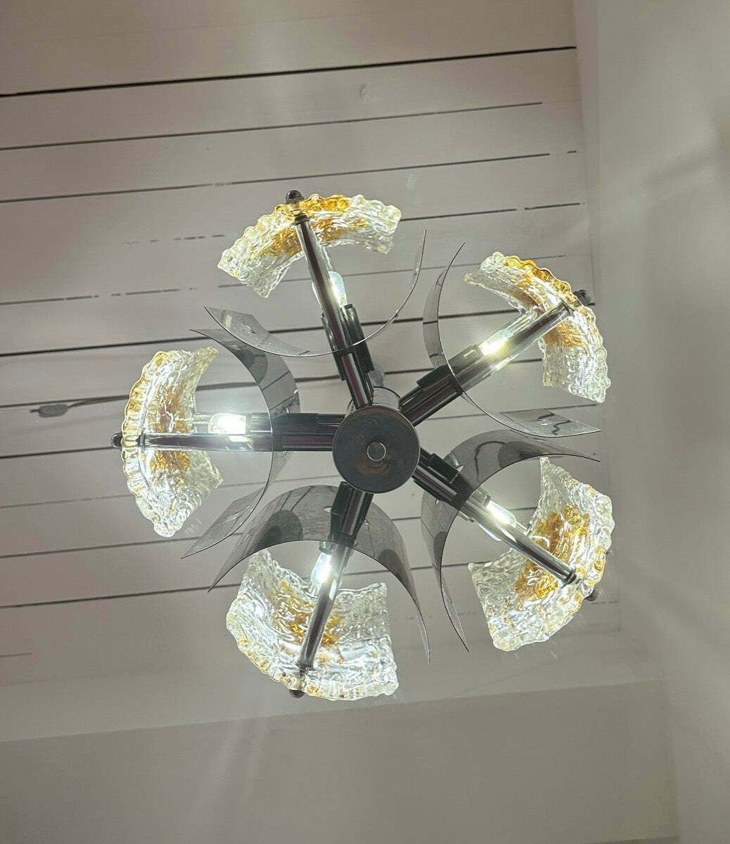 1960s Italian Mazzega Polished Chrome & Murano Textured Clear & Amber Glass Pendant Hanging Light photo 800.0