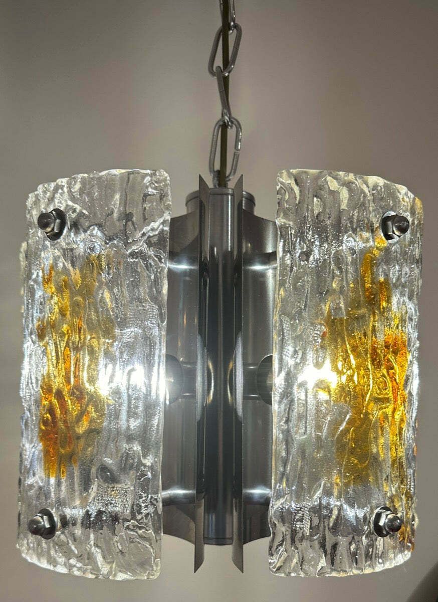 1960s Italian Mazzega Polished Chrome & Murano Textured Clear & Amber Glass Pendant Hanging Light photo vinterior
