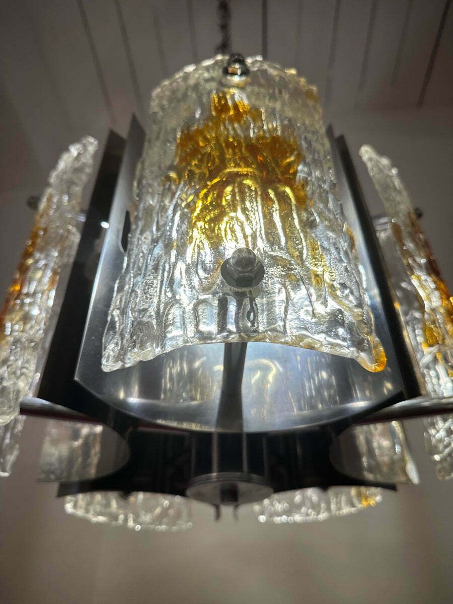Lighting 1960s Italian Mazzega Polished Chrome & Murano Textured Clear & Amber Glass Pendant Hanging Light photo