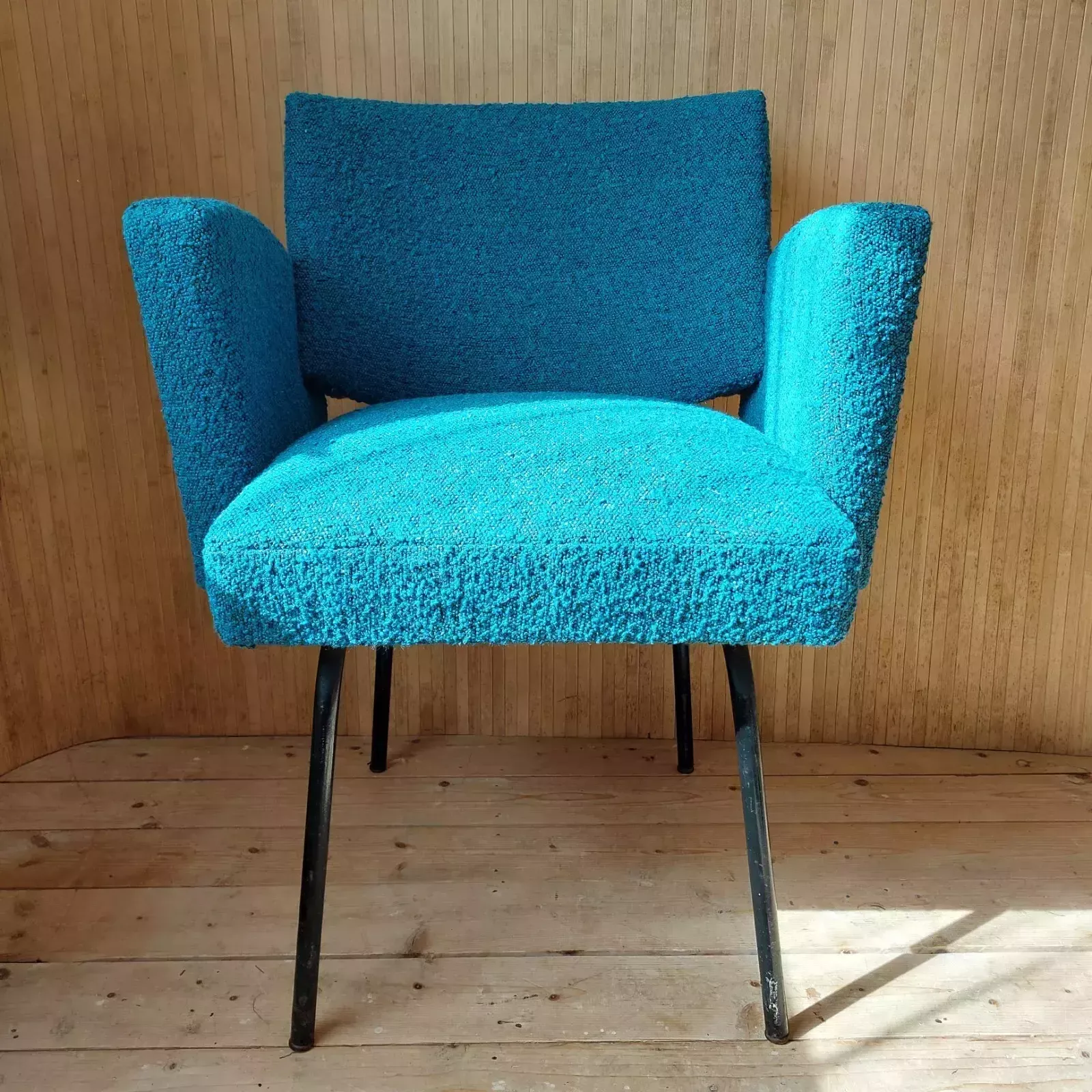 Fab Vintage Mid Century Modern French Metal Side Tub Chair Teal & Black Boucle photo for sale