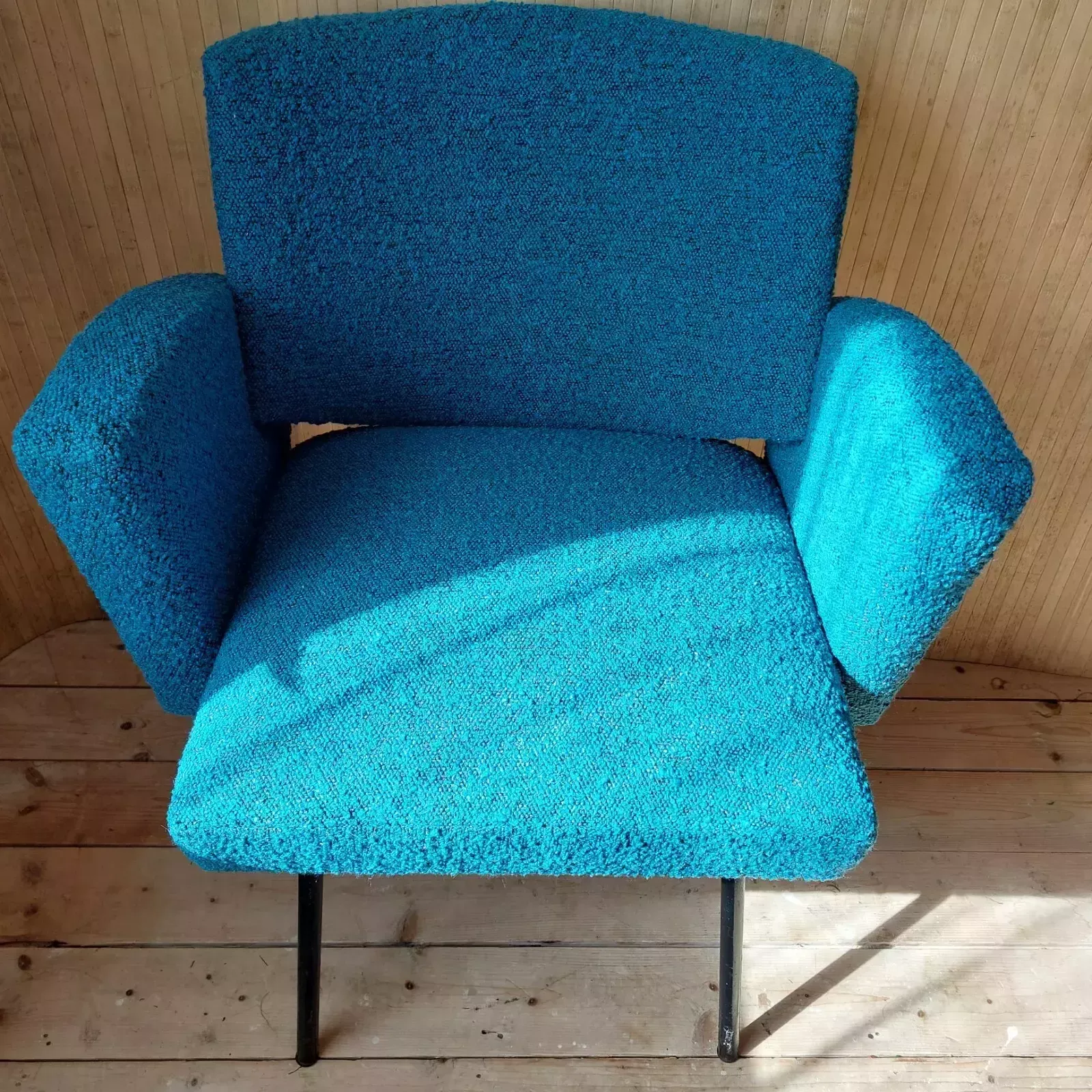 Fab Vintage Mid Century Modern French Metal Side Tub Chair Teal & Black Boucle photo Furniture