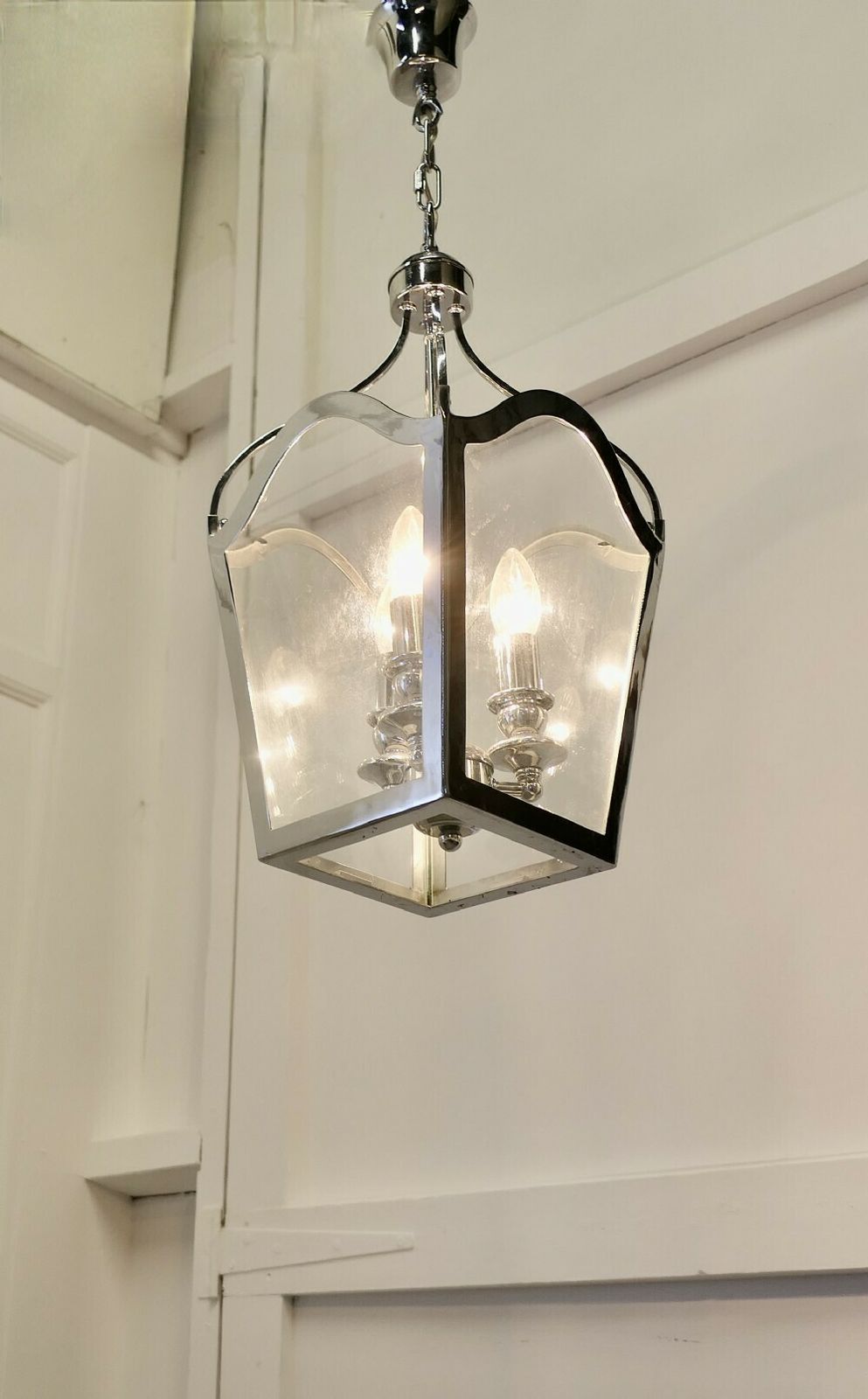 Large Art Deco Style Chrome And Glass Lantern, Hall Light photo 540.0