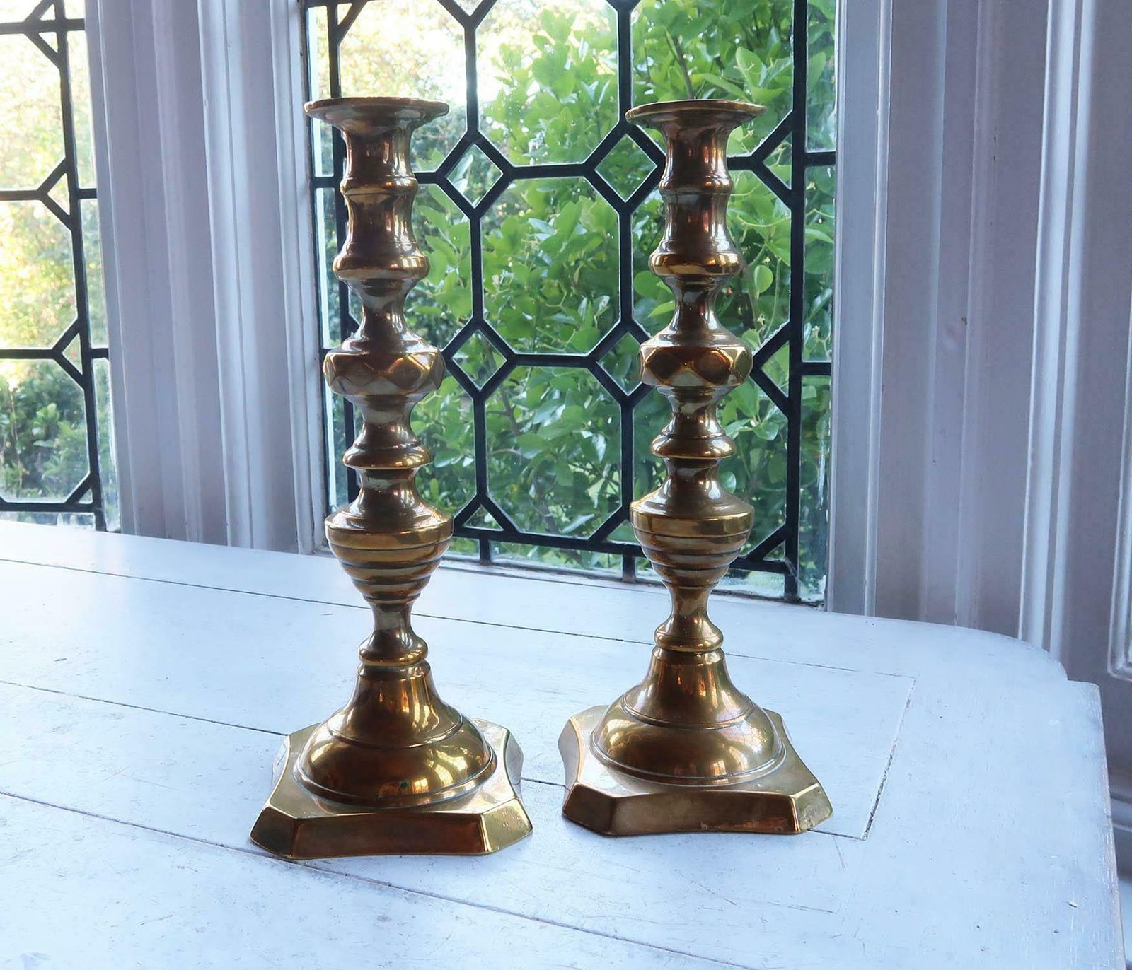 Large Pair Of Antique Brass Candlesticks. English, 19th Century photo for sale