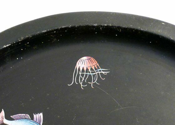 Round Tray Decorated With Fish & Anemones In Metal By Lefevre, France, 1960s photo furniture