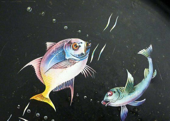 Round Tray Decorated With Fish & Anemones In Metal By Lefevre, France, 1960s photo for sale