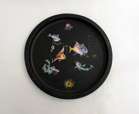 Round Tray Decorated With Fish & Anemones In Metal By Lefevre, France, 1960s