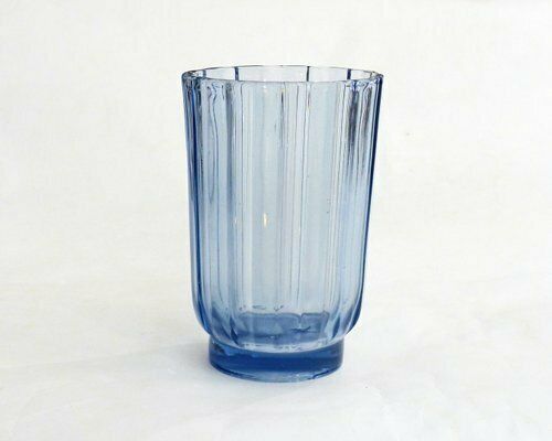 photo for sale Art Deco Vase With Fluted Body In Blue Molded Pressed Glass, 1930s
