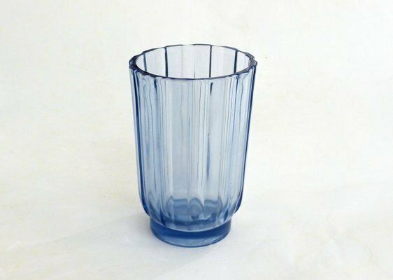 Home Decor Art Deco Vase With Fluted Body In Blue Molded Pressed Glass, 1930s photo