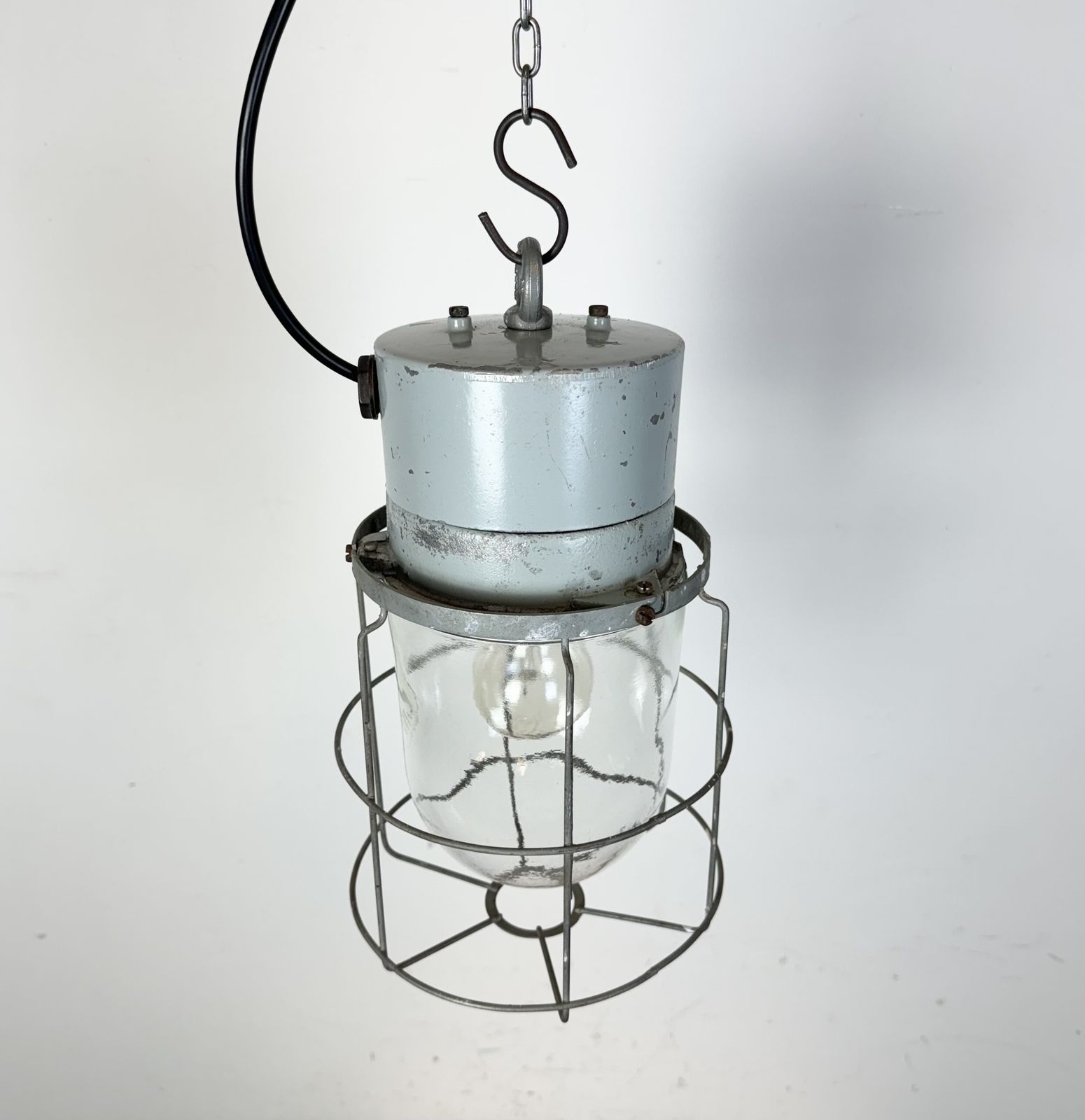 Industrial Aluminium Cage Light With Clear Glass From Elektrosvit, 1970s photo furniture