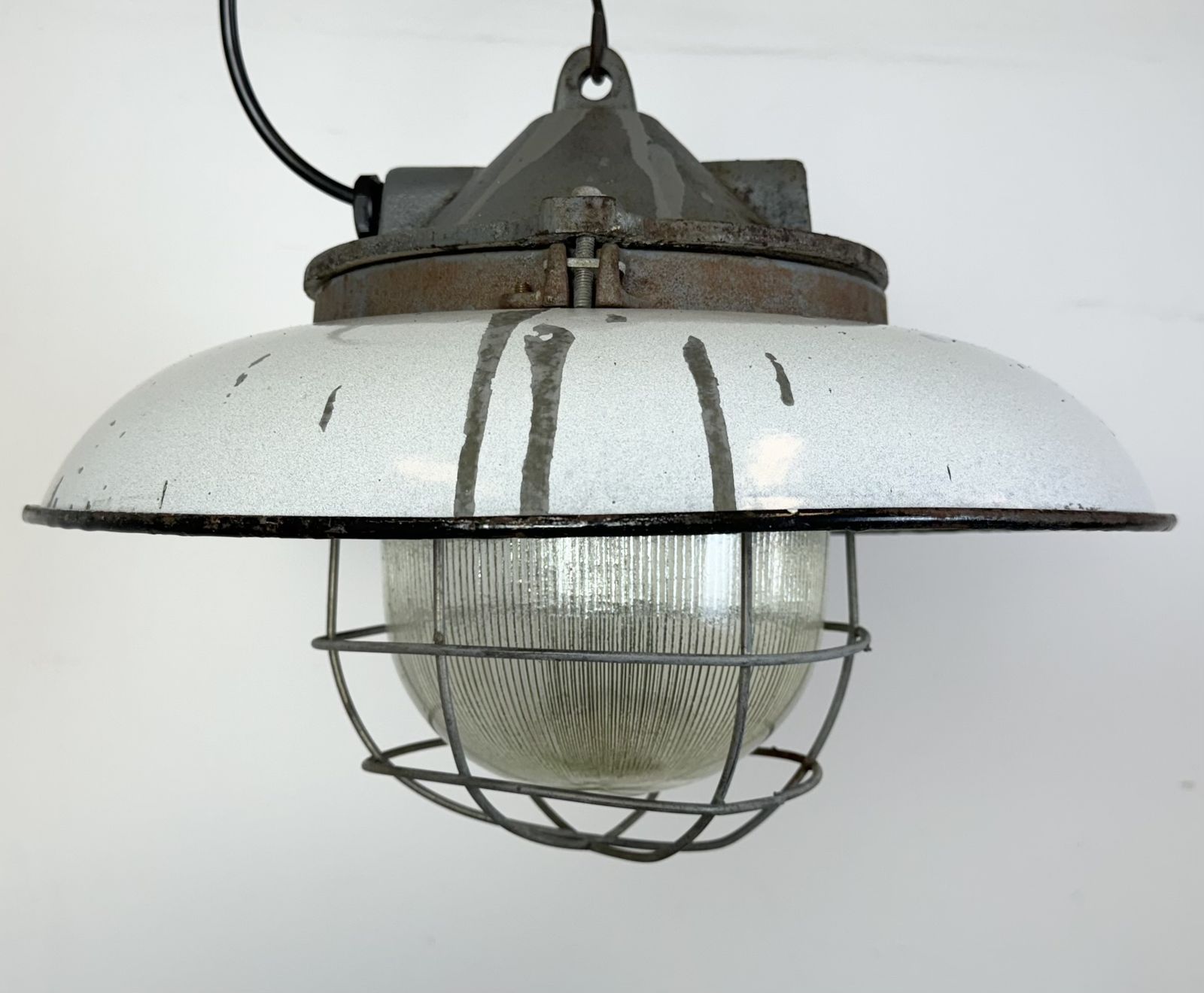 Industrial Grey Enamel Factory Cage Pendant Lamp In Cast Iron From Zaos, 1960s, 8x photo vinterior
