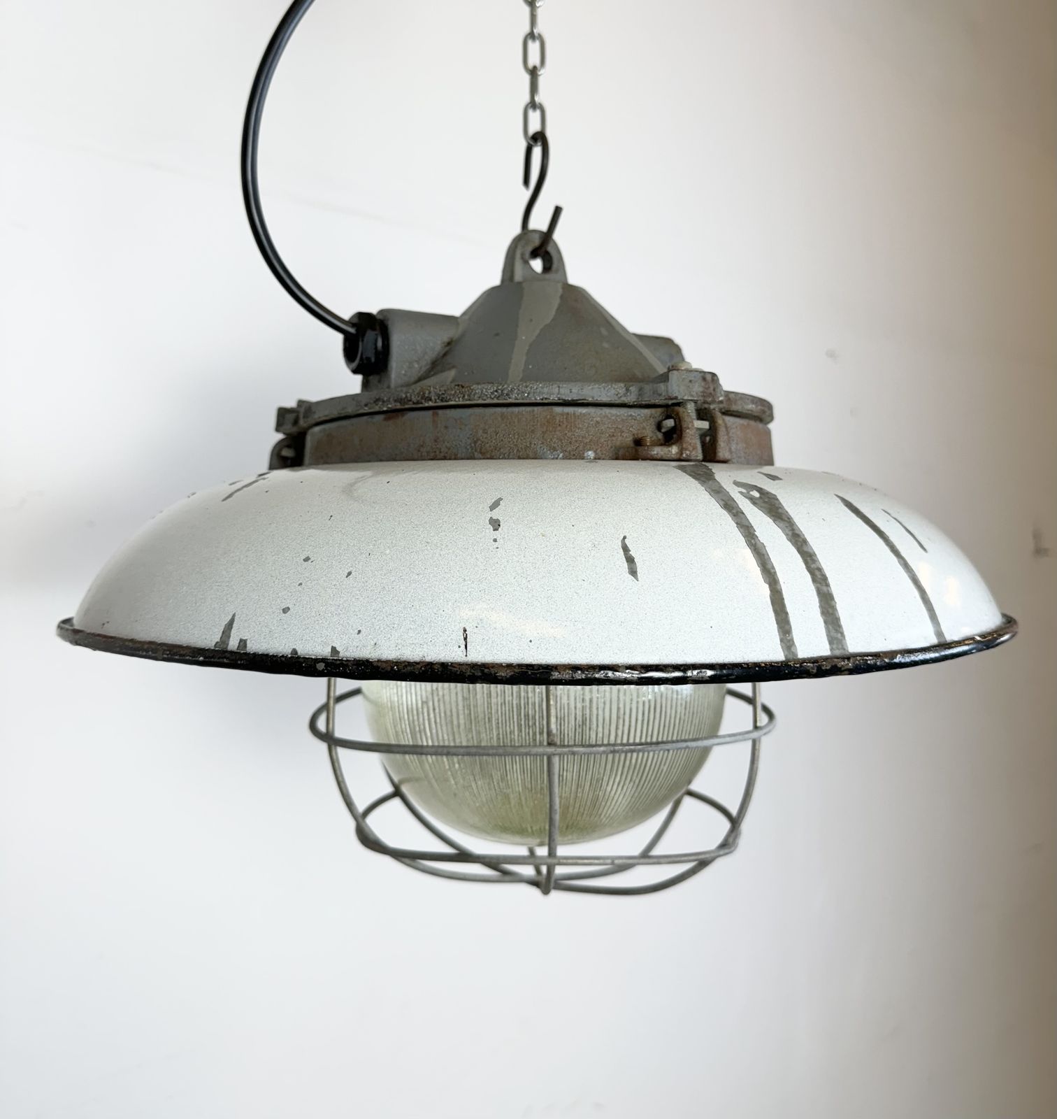 Industrial Grey Enamel Factory Cage Pendant Lamp In Cast Iron From Zaos, 1960s, 8x photo vintage
