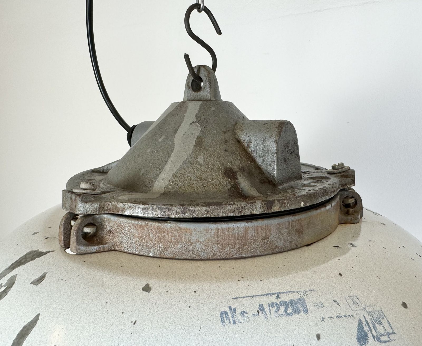 photo for sale Industrial Grey Enamel Factory Cage Pendant Lamp In Cast Iron From Zaos, 1960s, 8x